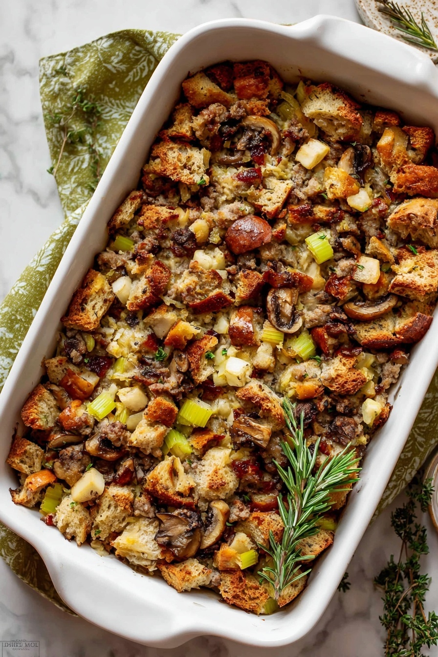 This image shows a close-up of a warm dish in a white ceramic baking dish filled with stuffing. The stuffing has several layers made of golden-brown toasted bread cubes, light beige sausage chunks, light yellow diced apples, dark brown mushrooms, and small green celery pieces. There are also some bright red dried cranberries spread on top adding color. The texture looks slightly crumbly with a mix of soft and crunchy bits. A silver spoon with a decorative handle scoops some stuffing from the dish. The background surface is white marble. photo taken with an iphone --ar 2:3 --v 7 - Sausage & Herb Stuffing, savory sausage stuffing, holiday stuffing recipes, flavorful stuffing with herbs, easy festive stuffing