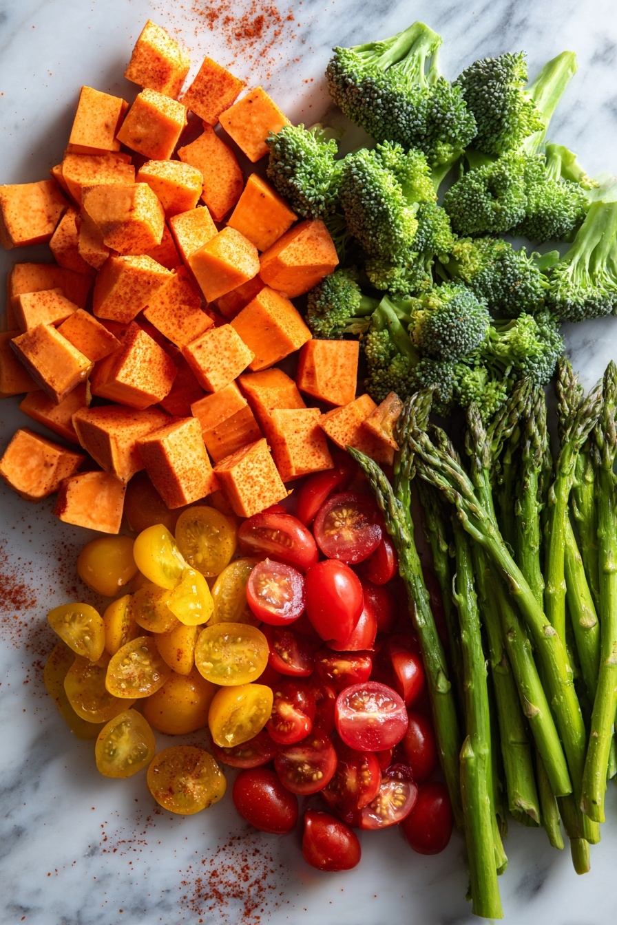 Flat lay of vibrant orange sweet potato cubes, bright green broccoli florets, fresh green asparagus spears cut into pieces, and colorful halved cherry tomatoes in red, yellow, and orange hues, all scattered gracefully with a few sprinkles of smoked paprika and granulated garlic powder visible on the vegetables, placed on a white marble surface, photo taken with an iphone --ar 2:3 --v 7 - Sheet Pan Roasted Vegetables, healthy roasted vegetables, easy vegetable side dish, colorful veggie medley, quick vegetable roasting