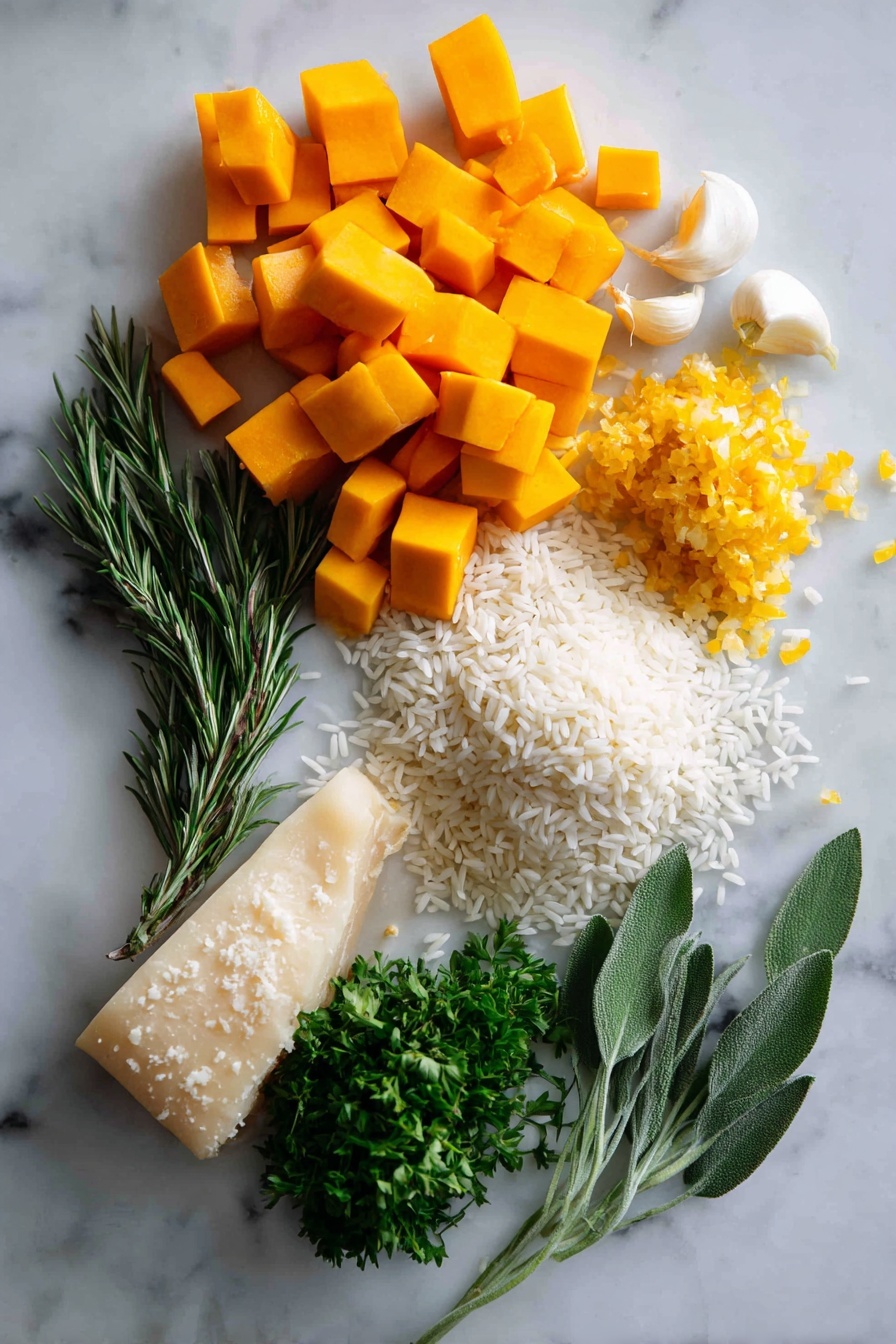 Flat lay of vibrant cubed butternut squash, finely chopped yellow onion, fresh garlic cloves, delicate sprigs of rosemary, uncooked Arborio rice grains, a small bunch of bright green parsley leaves, and a pile of grated pale pecorino cheese, arranged beautifully with a few glossy sage leaves scattered around, placed on a white marble surface, photo taken with an iphone --ar 2:3 --v 7 - Butternut Squash Risotto, easy butternut squash risotto, creamy vegetable risotto, cozy fall dinner recipes, vegetarian risotto ideas