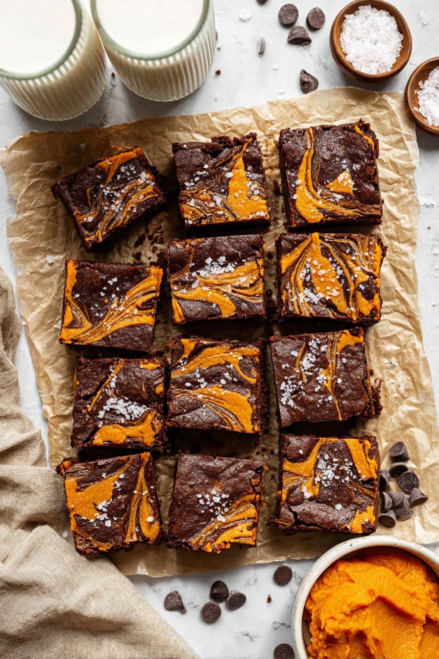A collection of 18 square brownies sliced evenly and laid out in a grid on crumpled parchment paper over a white marbled surface. Each brownie has two visible layers: a thick dark brown chocolate base with a slightly crinkled texture and swirled orange pumpkin layers on top, creating a marbled effect. Specks of flaky white salt are sprinkled across the tops of the brownies, adding texture and contrast. Around the brownies are scattered dark chocolate chips for decoration. Near the bottom right is a small white bowl filled with bright orange pumpkin puree. Two tall glasses of milk with ridged texture stand on the top left and right sides, and a small white bowl containing coarse salt sits at the upper right corner. A beige linen napkin is partially folded on the left edge. Photo taken with an iphone --ar 2:3 --v 7 - Pumpkin Cream Cheese Swirled Brownies, pumpkin brownies with cream cheese, fall dessert recipes, chocolate pumpkin brownies, easy autumn brownie treats