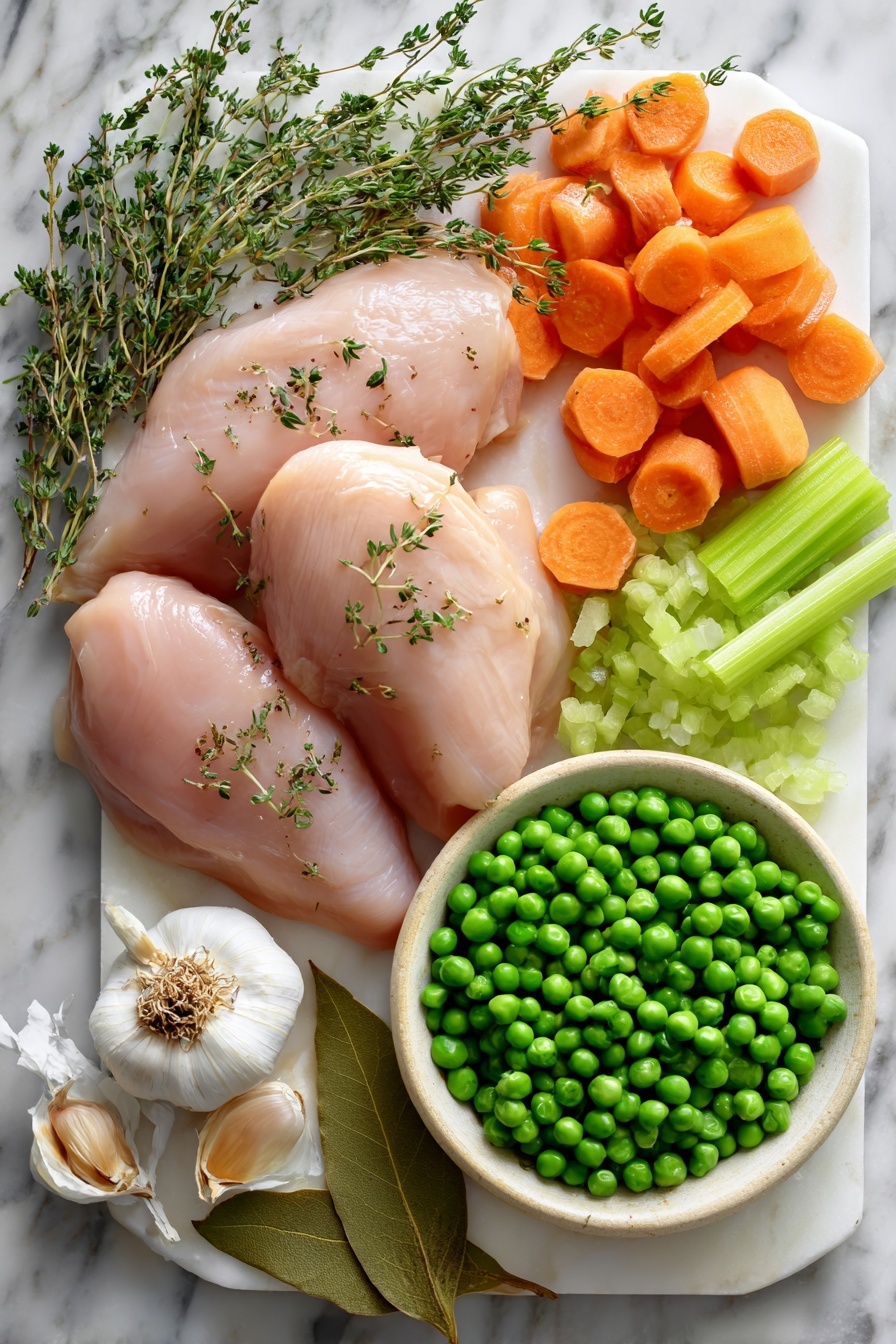 Flat lay of boneless skinless chicken breasts, chopped onion, bright orange peeled and chopped carrots, fresh celery stalks, vibrant green peas, sprigs of fresh thyme, whole garlic cloves, dried oregano sprinkled artistically, and a single bay leaf, all beautifully arranged on a clean white marble surface, photo taken with an iphone --ar 2:3 --v 7 - Chicken & Dumplings Variations, Chicken and Dumplings ideas, comforting chicken and dumplings, versatile chicken and dumplings, hearty chicken and dumplings