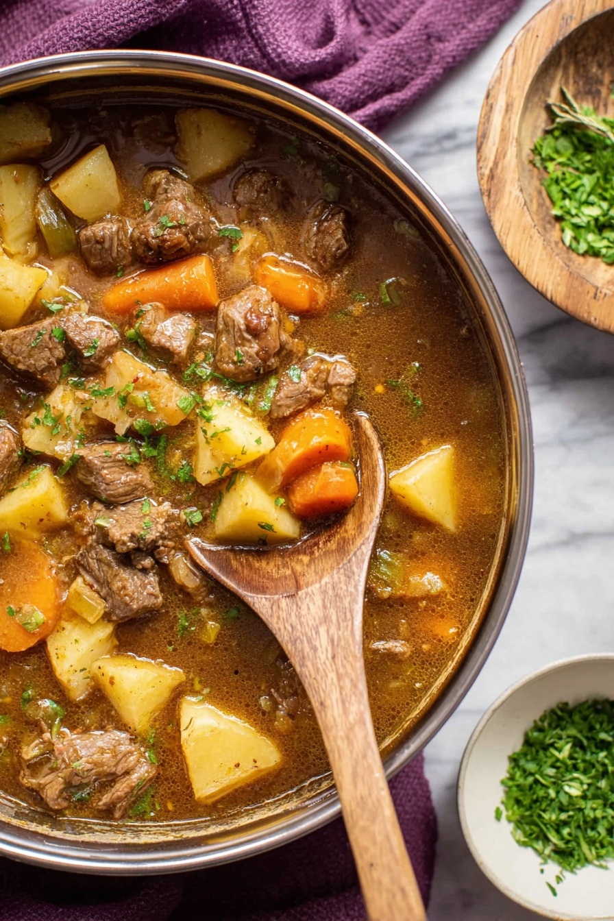 A close-up view of a large pot filled with beef stew, showing three main layers: the top layer is made of light brown chunks of beef, orange baby carrots, and pale yellow potato pieces scattered evenly; the middle layer is a rich brown broth with visible herbs; the bottom layer is thick and slightly glossy with a smooth texture. A wooden spoon lifts a mix of beef, potatoes, carrots, and green herbs from the pot. To the right of the pot, a small white bowl holds chopped green herbs, and the background surface is white marbled with a purple cloth partially visible. Photo taken with an iphone --ar 2:3 --v 7 - Easy Beef Stew, hearty beef stew recipe, comforting beef and vegetable stew, simple beef stew, savory beef stew for weeknights