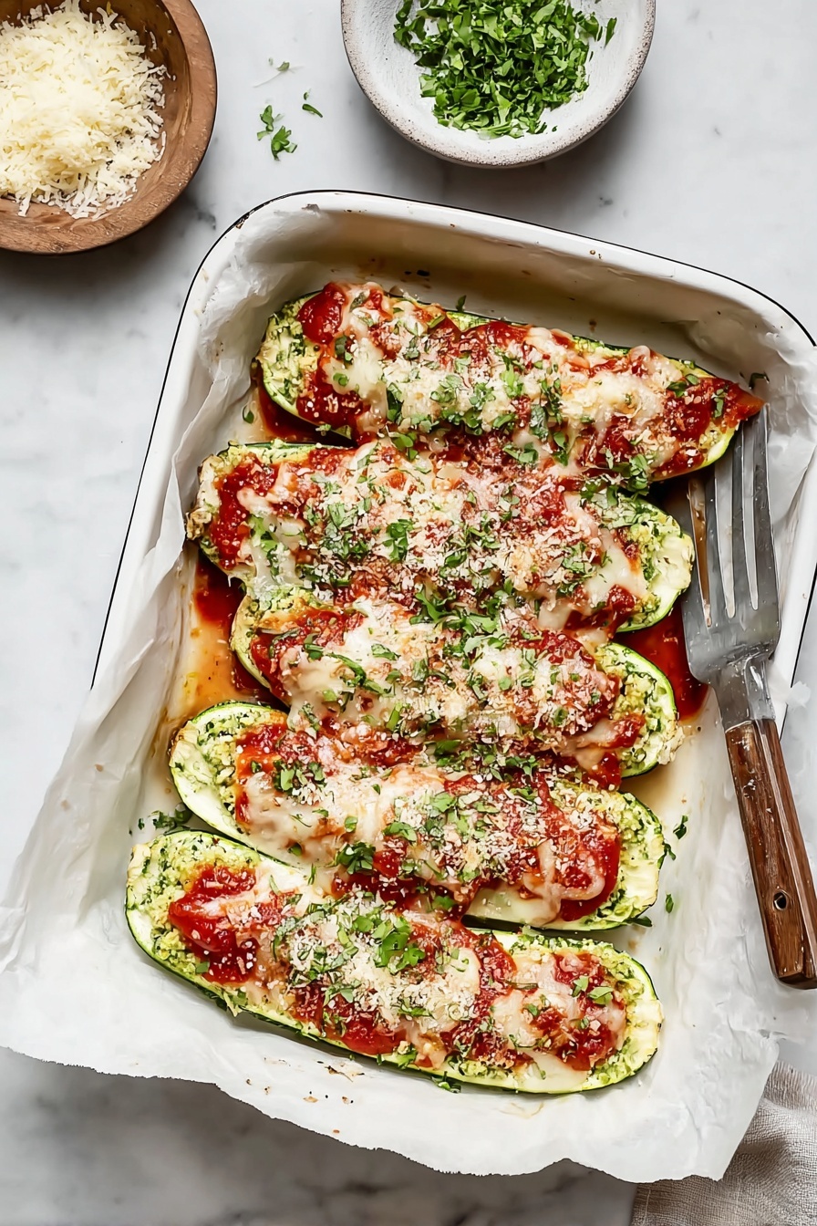 The dish shows a white baking pan lined with parchment paper holding five zucchini halves arranged side by side. Each zucchini half is filled with a green mixture at the bottom layer, topped with bright red tomato sauce scattered unevenly. The top layer is a thick, melted layer of white cheese covering the zucchini and sauce. Small bits of chopped green herbs and grated white cheese are sprinkled over the melted cheese, adding specks of color. The pan is placed on a white marbled surface, with a small white plate of chopped fresh herbs partially visible at the top left corner. Photo taken with an iphone --ar 2:3 --v 7 - Lasagna Stuffed Zucchini Boats, healthy zucchini lasagna, low-carb zucchini recipes, cheesy stuffed zucchini, easy zucchini dinner