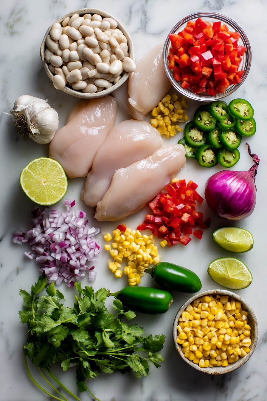 Flat lay of fresh boneless skinless chicken breasts, plump white beans drained and rinsed, bright red diced bell pepper, vibrant green jalapeño slices, whole garlic cloves, a halved fresh lime with juice visible, golden sweet corn kernels, a small chopped yellow onion, and fresh cilantro sprigs, all beautifully arranged with natural light highlighting their colors and textures, placed on a white marble surface, photo taken with an iphone --ar 2:3 --v 7 - White Bean Chicken Chili, creamy chicken chili, hearty white bean chili, easy chicken chili recipe, spicy white bean chili