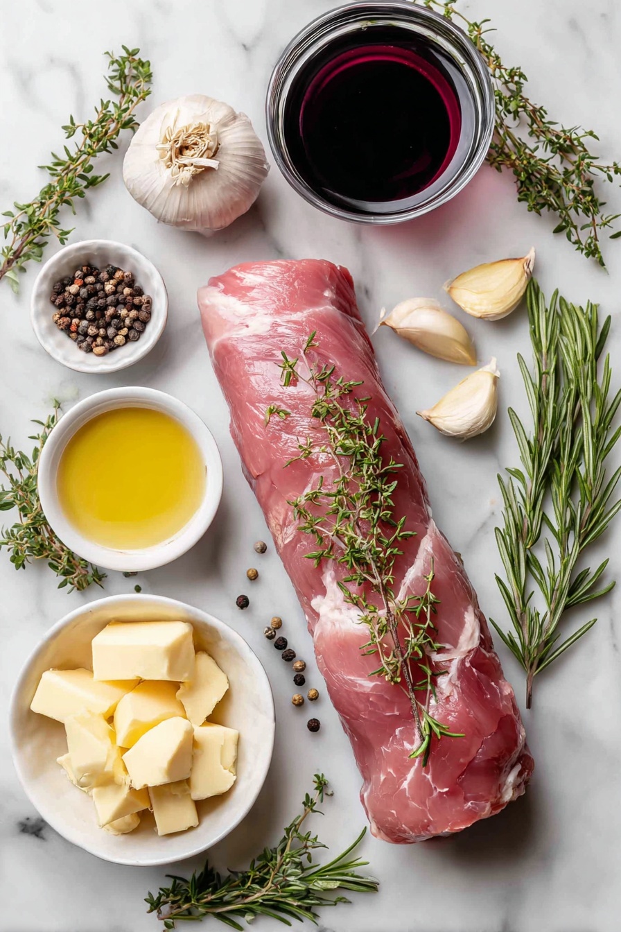 Flat lay of a raw pork tenderloin surrounded by fresh rosemary sprigs, thyme stems, whole black peppercorns, peeled garlic cloves, a finely chopped shallot, a small pool of deep red port wine, and chunks of cold butter, all beautifully arranged on a white marble surface, photo taken with an iphone --ar 2:3 --v 7 - Herb Crusted Pork Tenderloin with Port Wine Sauce, herb crusted pork tenderloin, port wine pork recipe, elegant pork tenderloin dish, flavorful pork dinner