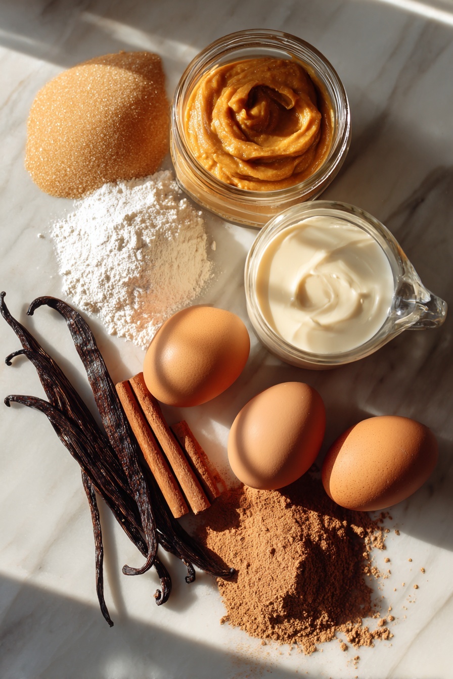 Flat lay of smooth pumpkin puree in a small glass jar, golden light brown sugar piles with a soft texture, a couple of whole cinnamon sticks, whole eggs with shiny brown shells, creamy heavy cream in a small clear jug, plump vanilla beans with a deep brown color, a heap of fine granulated sugar, and a small mound of cornstarch powder, all beautifully arranged with warm natural light highlighting their rich colors and textures, placed on a white marble surface, photo taken with an iphone --ar 2:3 --v 7 - Pumpkin Pie Bars with Shortbread Crust and Whipped Cream, pumpkin dessert bars, easy pumpkin pie bars, homemade pumpkin treat, fall dessert recipes