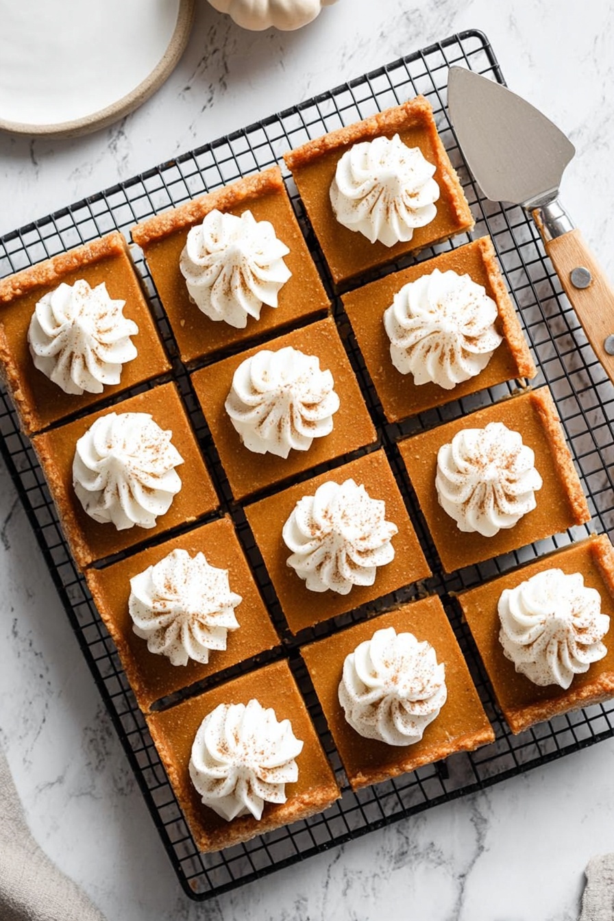The image shows square pumpkin dessert bars arranged neatly on a white marbled surface, each bar having two layers with a smooth orange-brown pumpkin layer on top and a lighter tan cake layer beneath. On the top center of each square is a swirl of white whipped cream, accented with a light sprinkle of cinnamon powder. The bars are evenly spaced and the texture of the pumpkin layer appears soft and creamy, while the bottom layer looks fluffy. photo taken with an iphone --ar 2:3 --v 7 - Pumpkin Pie Bars with Shortbread Crust and Whipped Cream, pumpkin dessert bars, easy pumpkin pie bars, homemade pumpkin treat, fall dessert recipes