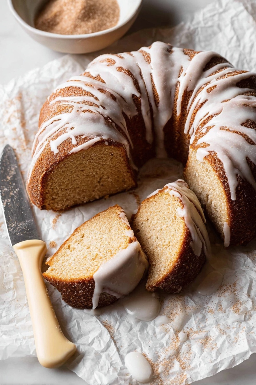 The image shows a round, golden-brown bundt cake with six thick ridged sections, covered with white icing that drips unevenly down the sides and edges. The cake is lightly dusted with powdered sugar, adding texture to the crust. It sits on white parchment paper over a white marbled surface. Next to the cake on the right is a white bowl filled with powdered sugar, and a knife with a white handle lies beside the bowl. Above the cake on the left is a small white pitcher, standing on the same white marbled surface. photo taken with an iphone --ar 2:3 --v 7 - Apple Cider Bundt Cake, apple cider bundt cake recipe, fall dessert, moist apple cake, cinnamon spice cake