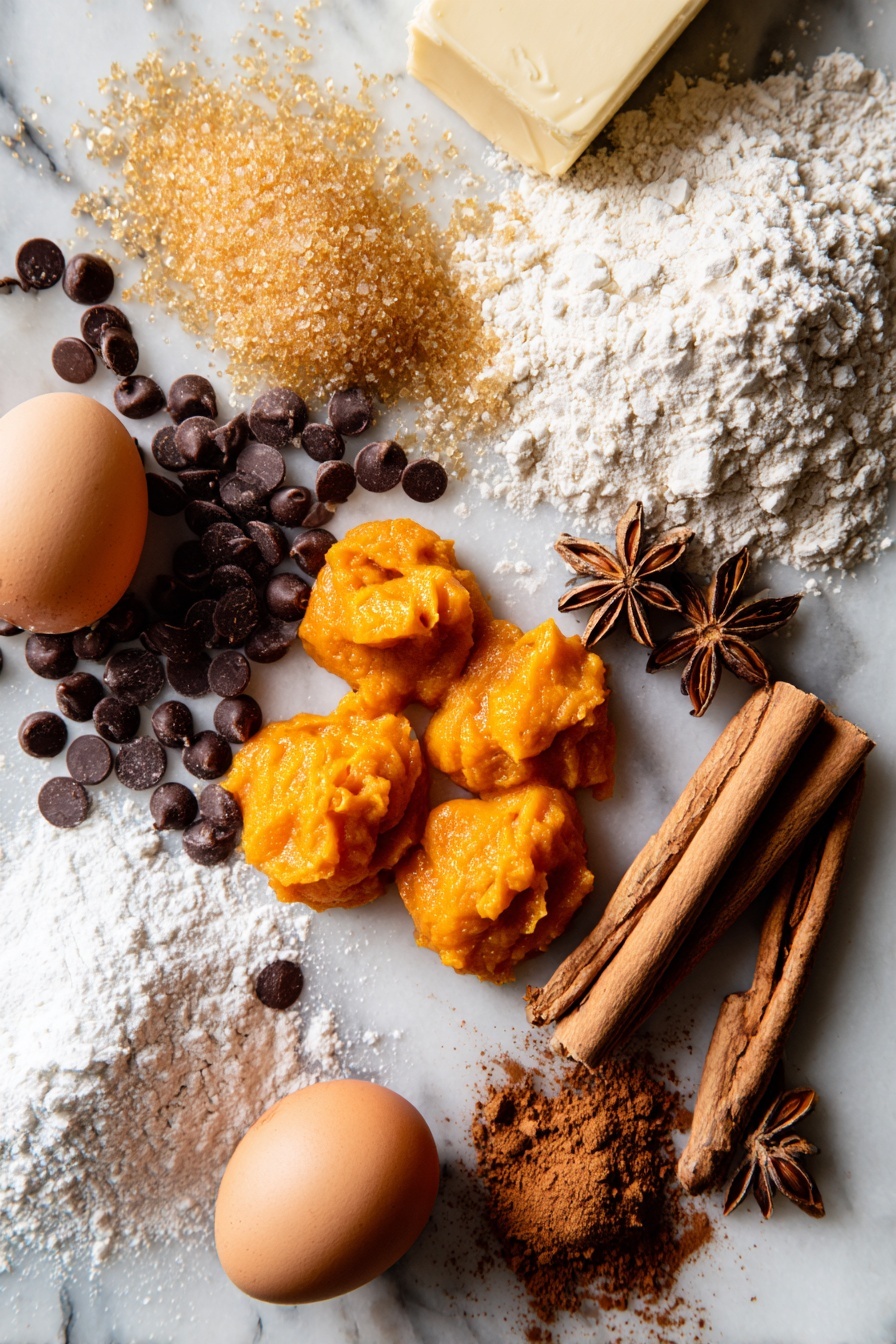 Flat lay of bright orange pumpkin puree dollops, glossy semi-sweet chocolate chips scattered around, a smooth stick of unsalted butter, warm brown sugar in a small mound, golden granulated sugar crystals catching the light, a cracked egg yolk resting in its shell half, a neat pile of pale all-purpose flour, and a selection of warm spices including cinnamon sticks, star anise, and ground ginger dusts arranged artistically, all placed on a white marble surface, photo taken with an iphone --ar 2:3 --v 7 - Pumpkin Chocolate Chip Bars, pumpkin spice bars, fall dessert recipes, easy pumpkin bars, chocolate chip bar recipe