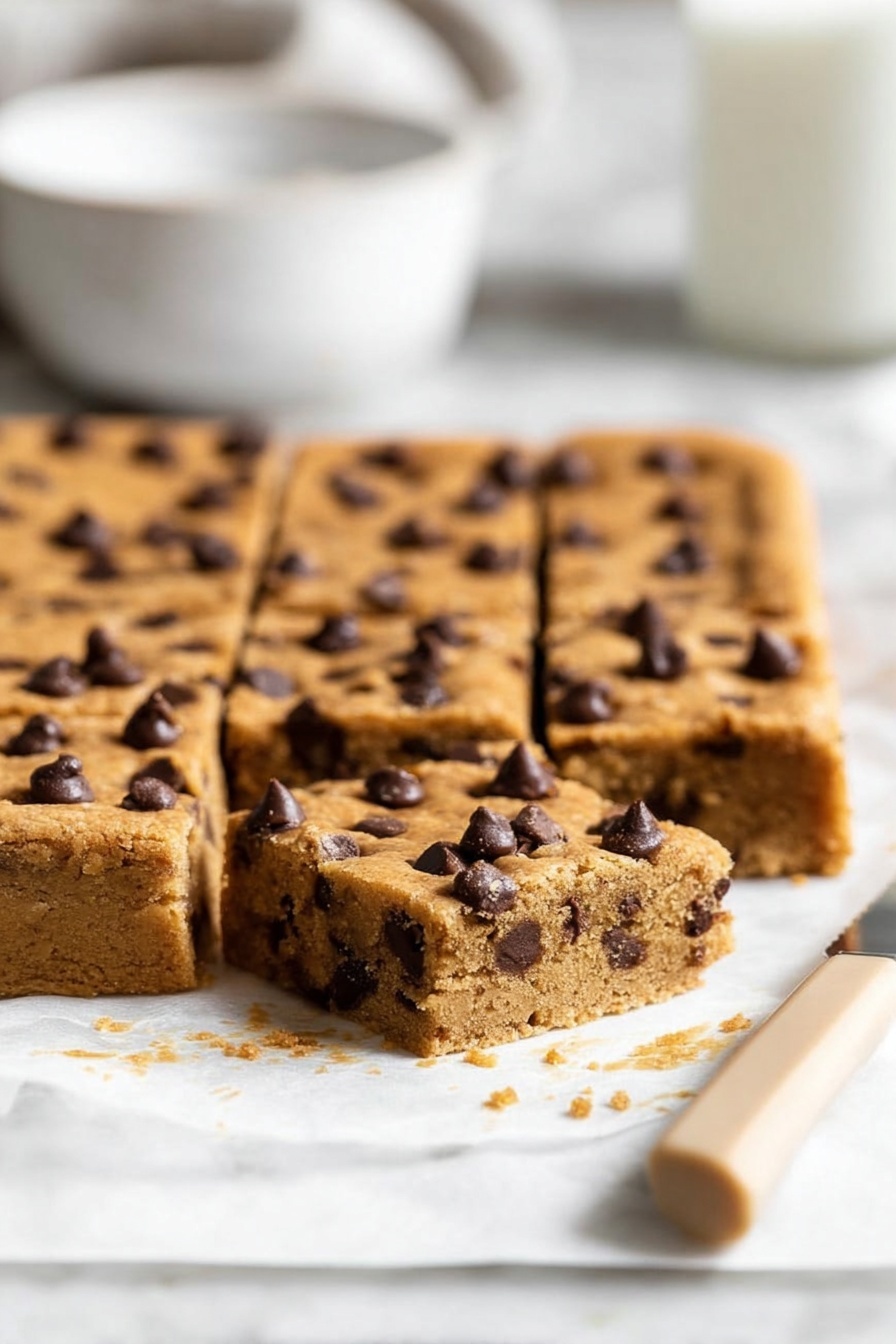 The image shows a close-up of a square pan of thick, golden-brown cookie bars with a soft texture, each piece cut into even squares. The top layer is dotted with dark chocolate chips that are scattered evenly, some appearing shiny and slightly melted. The inside of the bars reveals chocolate chips embedded throughout the dough, adding a speckled dark contrast against the warm brown base. The bars rest on white parchment paper with some crumbs around the edges. In the background, there is a white bowl with a blurred white marbled surface under it, and a beige-handled knife is partially visible on the right edge. Photo taken with an iphone --ar 2:3 --v 7 - Pumpkin Chocolate Chip Bars, pumpkin spice bars, fall dessert recipes, easy pumpkin bars, chocolate chip bar recipe