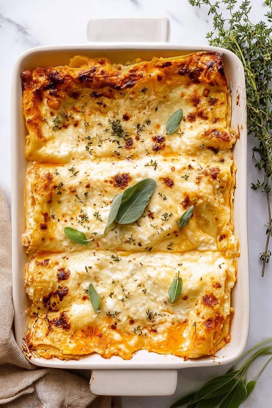 A square piece of lasagna sits on a white plate with a thin blue rim, placed on a white marbled surface. The lasagna has about four visible layers: the top layer is a light golden cheese with small bits of herbs scattered on it and a fresh green leaf on top; beneath it are layers of creamy white sauce and pasta sheets, with chunks of soft orange squash or pumpkin visible in the middle layers. The edges of the lasagna are slightly browned, and the texture looks rich and smooth. Part of a white baking dish with more lasagna is seen blurred in the background. photo taken with an iphone --ar 2:3 --v 7 - Butternut Squash and Sage Lasagna, vegetarian lasagna recipes, fall comfort food recipes, easy lasagna with squash, seasonal vegetarian dinners