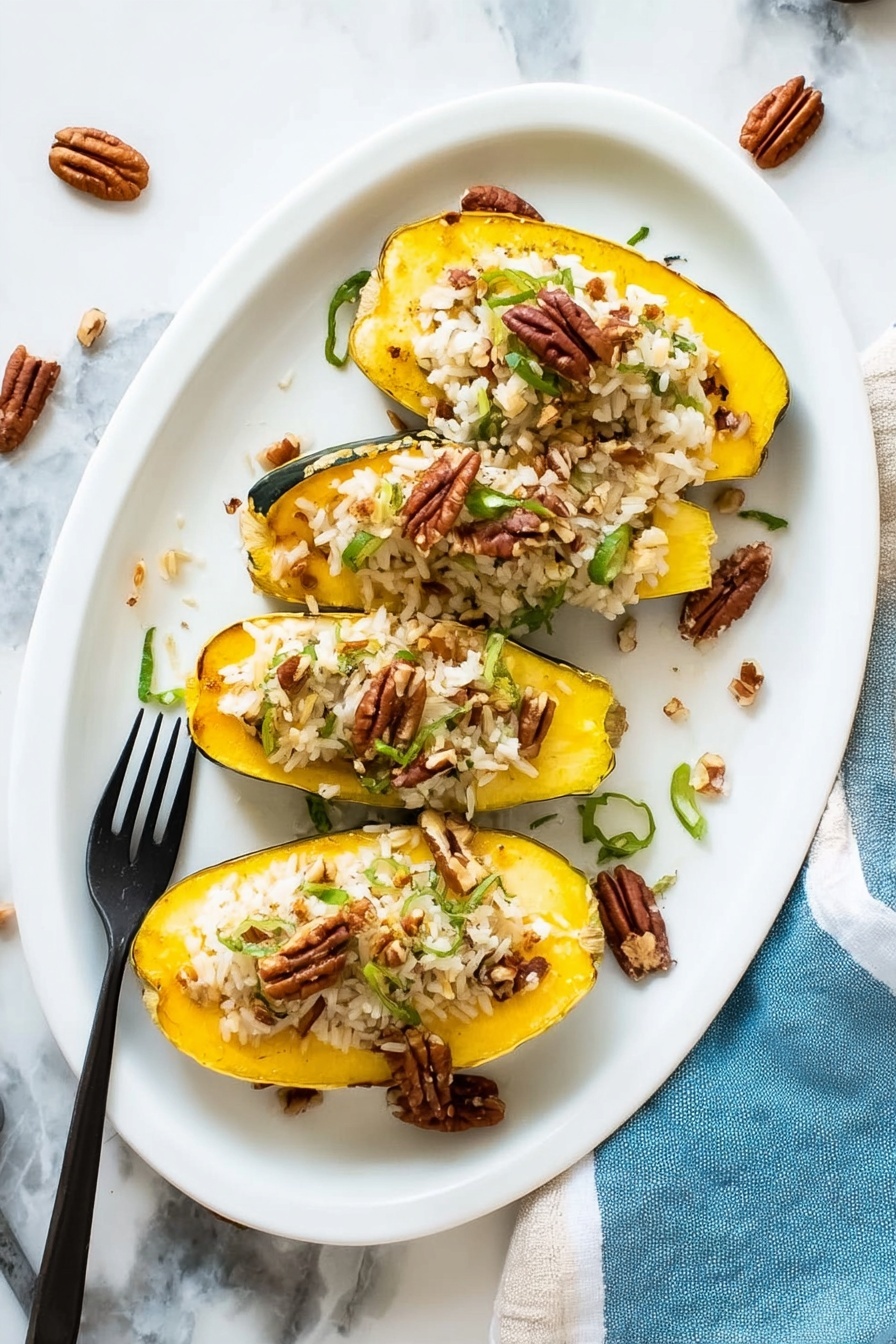The image shows three slices of bright yellow acorn squash arranged in a row on a white plate. Each squash slice is filled with a cooked rice mix that is light brown in color with bits of green vegetables and scattered dark brown pecans on top and around the plate. The plate sits on a white marbled surface, accompanied by a blue and white cloth napkin and green leaves nearby. photo taken with an iphone --ar 2:3 --v 7 - Stuffed Acorn Squash with Pecans, Herbs, and Cheese, Acorn Squash stuffed recipes, Fall vegetarian dinners, Nutty stuffed acorn squash, Cozy holiday vegetarian dishes
