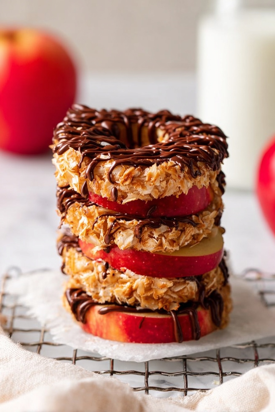A stack of four round apple slices lies on a white marbled surface, each slice topped with a golden shredded coconut layer that adds a rough texture. The coconut layers look sticky and are drizzled with smooth, dark chocolate sauce in thin lines, mainly over the top apple slice. The apple slices show red skin with hints of yellow and have a slightly shiny appearance. The stack is on a silver cooling rack. In the background to the left, there is a red apple, and to the right is a blurred glass bottle with white liquid. A soft white cloth is partially visible under the rack on the left side. photo taken with an iphone --ar 2:3 --v 7 - Apple Samoas Indulgent Snacks, healthy apple cookie bites, quick and easy apple desserts, homemade chocolate apple treats, wholesome apple snack ideas