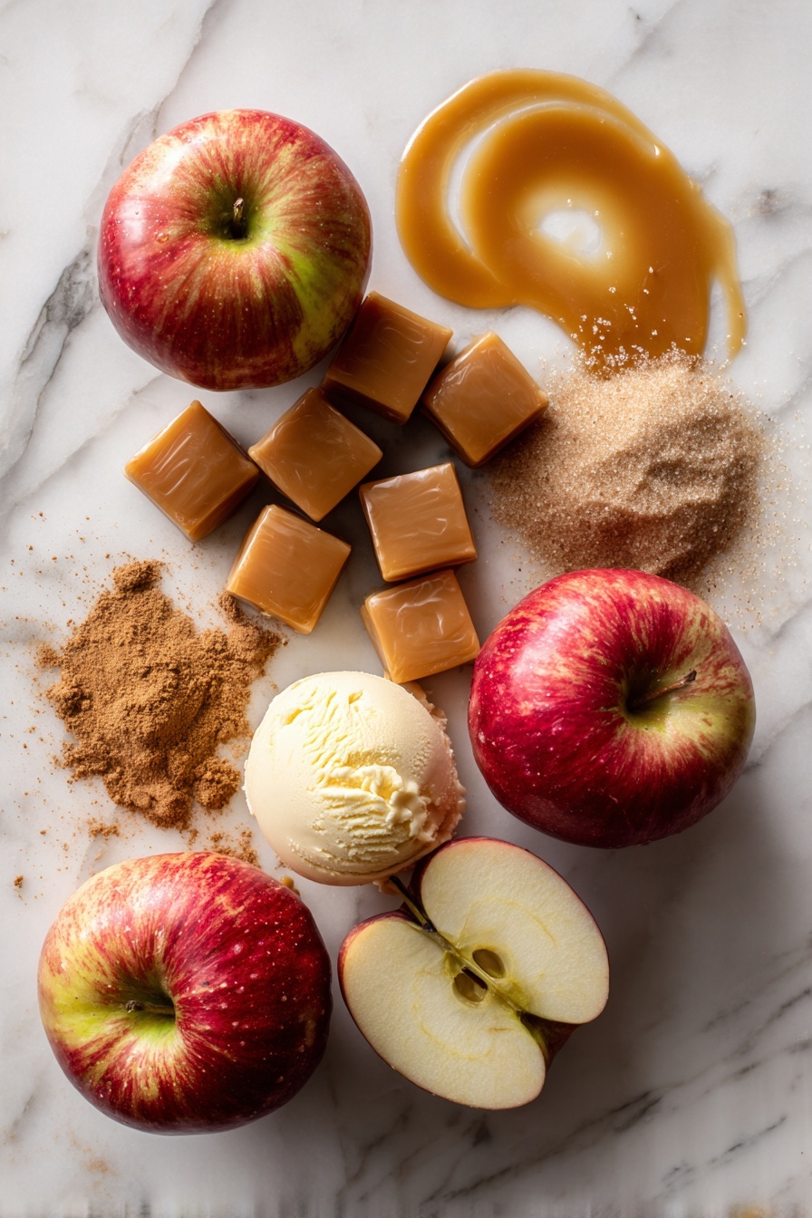 Flat lay of four firm, crisp Honeycrisp apples, eight chewy caramel squares slightly unwrapped, a small pile of packed brown sugar, granulated sugar scattered gently, a sprinkle of ground cinnamon forming a soft mound, melted golden butter pooling artfully, a scoop of creamy vanilla ice cream with a smooth texture, and a small drizzle of rich caramel sauce creating a glossy swirl—all beautifully arranged on a white marble surface, photo taken with an iphone --ar 2:3 --v 7 - Caramel-Stuffed Bloomin’ Apples, caramel apple dessert, baked apple recipe, fall dessert ideas, easy caramel apples