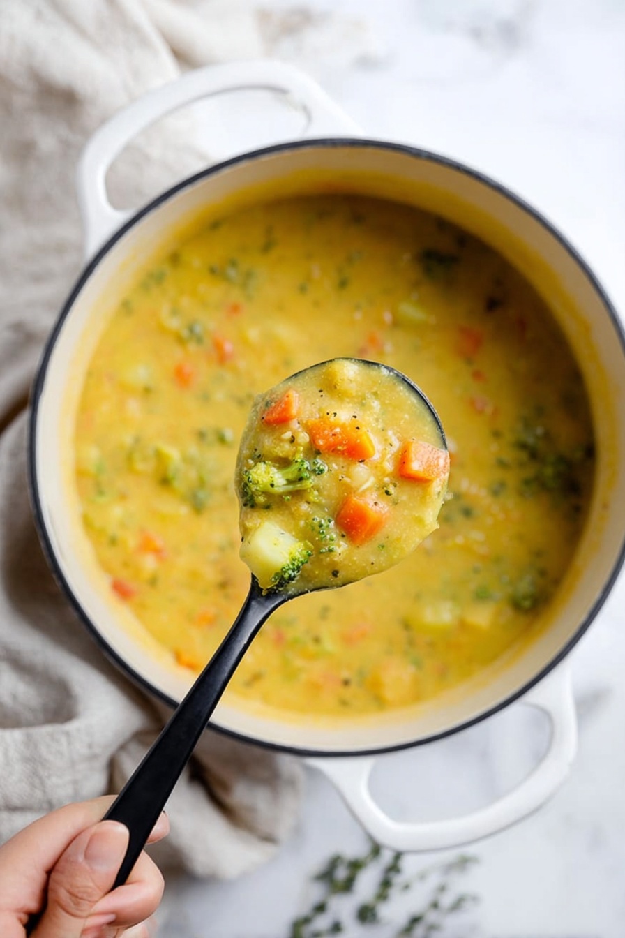 A close-up shot of a large white pot with two handles filled with thick yellow soup mixed with visible small chunks of orange carrots, green broccoli pieces, and white potato cubes. A black spoon is held by a woman's hand, lifting a spoonful of the soup in front of the pot, showing the creamy texture and colorful vegetable bits. The background surface is a white marbled texture with a light-colored cloth on the left side. photo taken with an iphone --ar 2:3 --v 7 - Broccoli Potato Cheese Soup, creamy vegetable soup, cheesy broccoli potato soup, easy comfort food recipe, hearty veggie soup