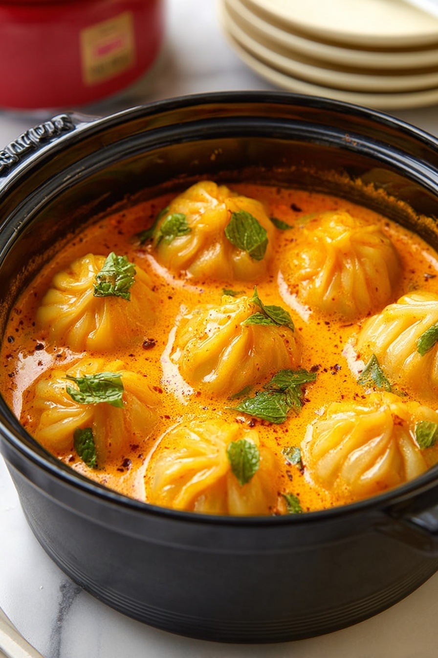 The image shows a close-up of a white spoon lifting one round, orange dumpling from a black pot filled with several similar dumplings in bright orange sauce. Each dumpling has a pleated top and a shiny texture, with visible oil glistening on their surface. Small green leaves are scattered on and around the dumplings, adding contrast. The black pot rests on a black stand, and the background features a white marbled texture. The photo taken with an iphone --ar 2:3 --v 7 - Soup Dumplings in Creamy Gochujang Sauce, soup dumpling recipe with gochujang sauce, easy Asian dumpling dinner, spicy gochujang dipping sauce, gourmet soup dumplings
