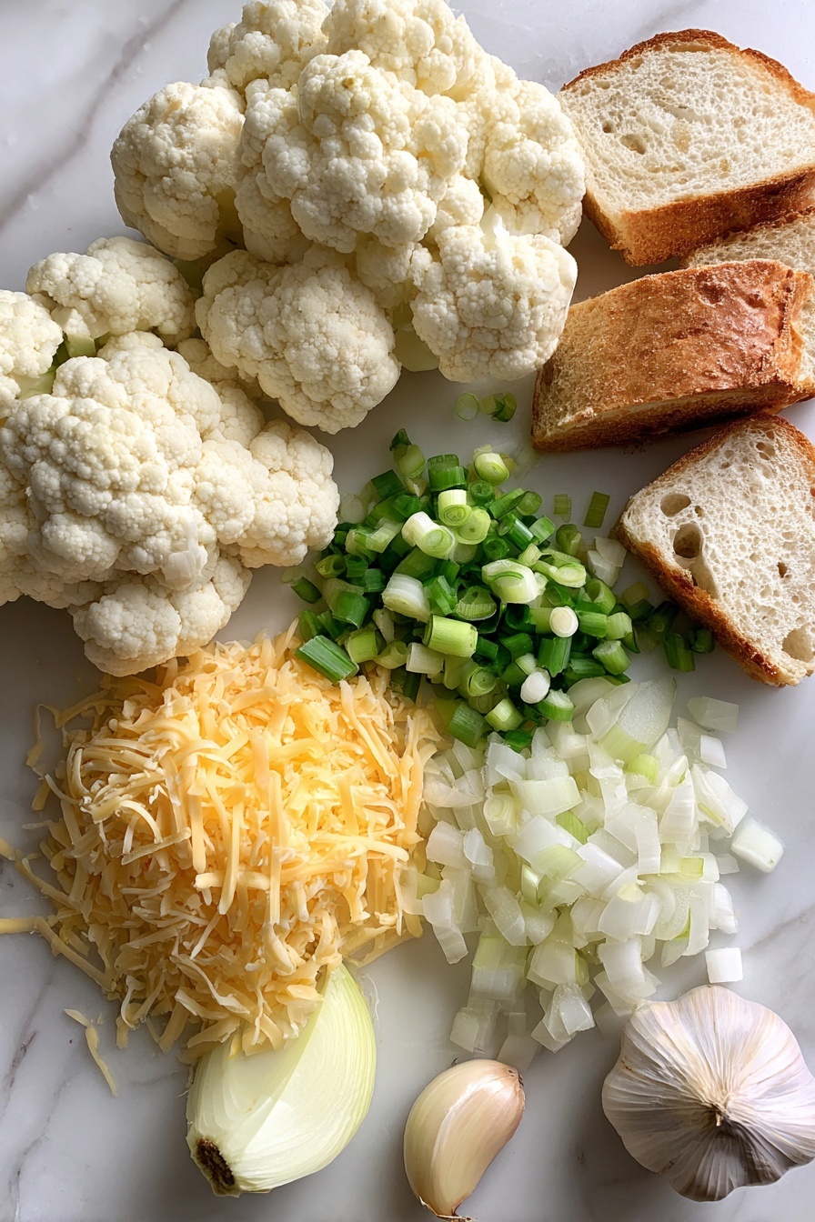 Flat lay of fresh cauliflower florets, a whole head of garlic with the top cut off exposing cloves, a diced yellow onion, a heaping pile of shredded sharp cheddar cheese, bright sliced green onions, and a few slices of crusty sourdough bread, all beautifully arranged on a white marble surface, photo taken with an iphone --ar 2:3 --v 7 - Roasted Garlic Cheddar Cauliflower Soup, cauliflower soup with roasted garlic and cheddar, cheesy cauliflower soup recipe, comforting roasted garlic cauliflower, easy cauliflower soup