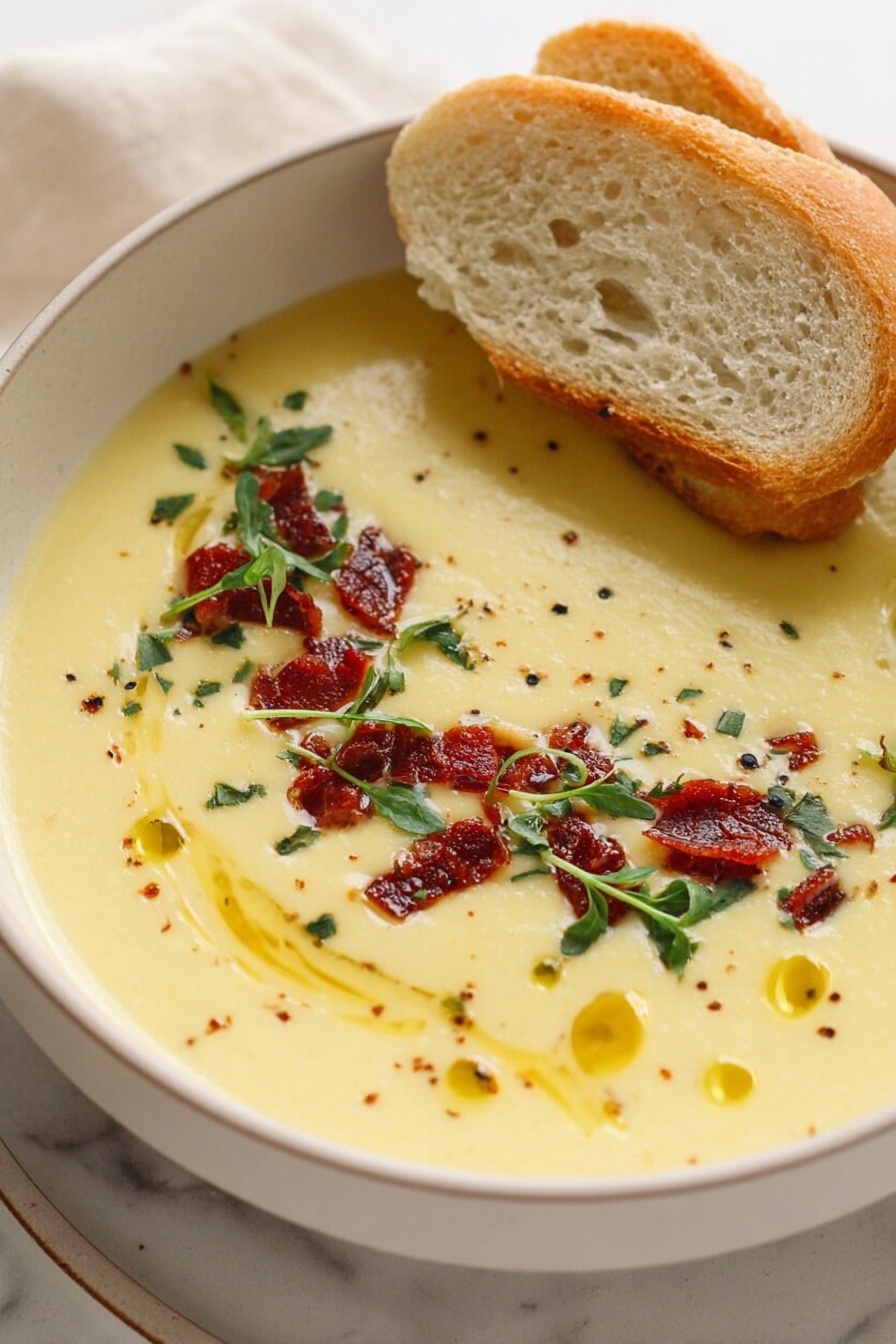 A bowl filled with creamy light beige soup, smooth in texture, with small black pepper specks throughout. On the surface, there are small pieces of crispy reddish-brown bacon scattered mainly on one side, bright green chopped herbs sprinkled mostly around the bacon, and light green dill sprigs. Several drops and a swirl of golden oil float on the top, adding shine and color contrast. The soup is served in a round white bowl with a thin speckled brown rim, placed on a white marbled surface, and a soft white cloth with garlic bulbs is in the background. photo taken with an iphone --ar 2:3 --v 7 - Easy Roasted Garlic Soup, roasted garlic soup, creamy garlic potato soup, comforting garlic soup, quick garlic soup recipe