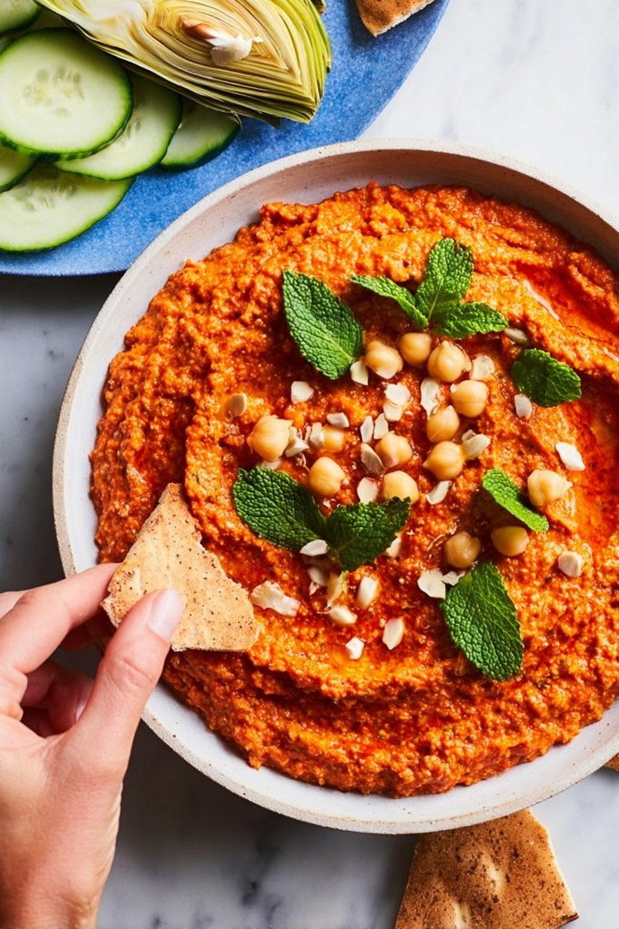 A white bowl filled with a thick, textured red dip that has small chunks and a slightly uneven surface, topped with whole chickpeas and fresh green mint leaves scattered across the top. A woman's hand is holding a piece of pita bread dipped into the edge of the bowl, the bread has a light brown, rough texture. To the upper right, there is a basket with pieces of pita bread lined with a blue and white cloth. Below the bowl, there is a plate with sliced green cucumbers and light yellow artichoke hearts. The background has a white marbled texture. Photo taken with an iphone --ar 2:3 --v 7 - Muhammara roasted red pepper and walnut dip, red pepper and walnut dip recipe, smoky dip with pomegranate molasses, Mediterranean dip, easy Middle Eastern dips