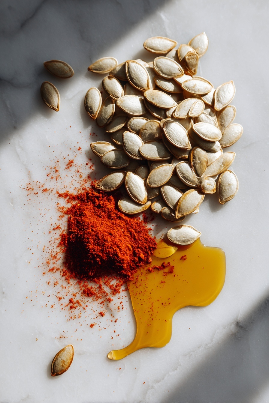 Flat lay of raw pumpkin seeds scattered beside a small pile of vibrant red chili powder and a small drizzle of golden extra-virgin olive oil artfully pooled next to them, all resting on a crisp white marble surface, photo taken with an iphone --ar 2:3 --v 7 - Roasted Spiced Pumpkin Seeds, pumpkin seed snack, homemade roasted pumpkin seeds, easy pumpkin seed recipe, crunchy spiced pumpkin seeds