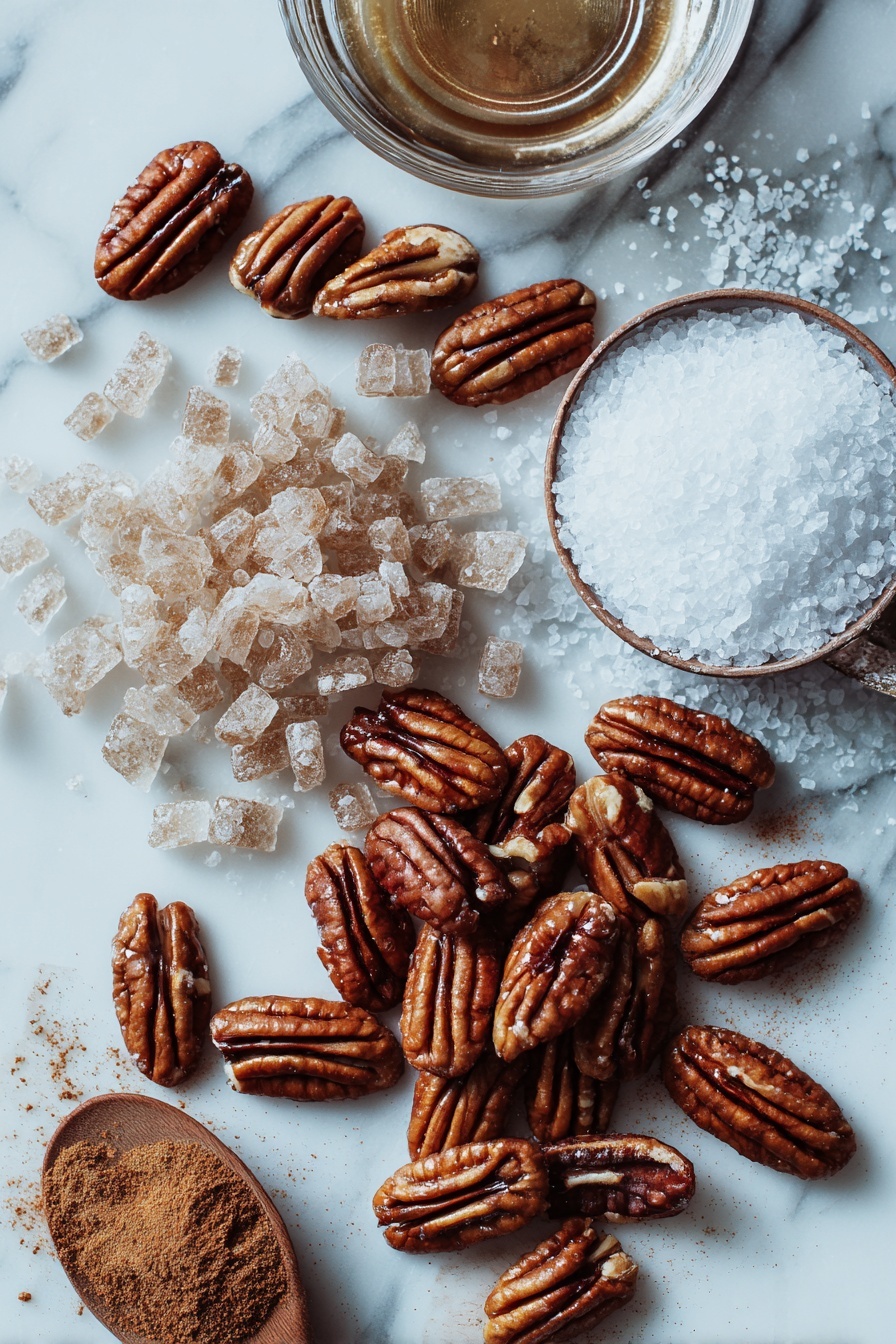 Flat lay of raw pecan halves, glossy brown sugar crystals, a small pool of clear water droplets, warm cinnamon powder, and coarse sea salt flakes, all beautifully arranged in neat clusters and gentle swirls, placed on a white marble surface, photo taken with an iphone --ar 2:3 --v 7 - Candied Pecans, candied pecans recipe, how to make candied pecans, caramelized pecans, easy candied pecans