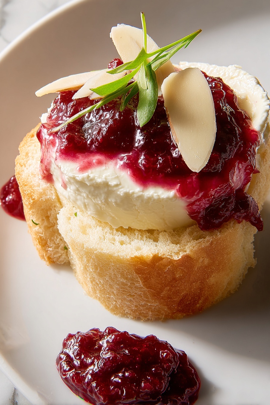 A single round toasted bread slice with a light golden brown color and airy texture forms the base. On top, there is a thick smooth layer of creamy white cheese, partly covered with a glossy deep red berry sauce that drips slightly over the edges. A thin almond slice and two small bright green leaves rest on top, adding fresh detail. A small dollop of the same red sauce appears nearby on the white plate, which sits on a white marbled surface. Photo taken with an iphone --ar 2:3 --v 7 - Cranberry Cream Cheese Spread with Almonds and Scallions, festive appetizer, holiday cheese spread, cranberry cheese dip, quick party appetizer