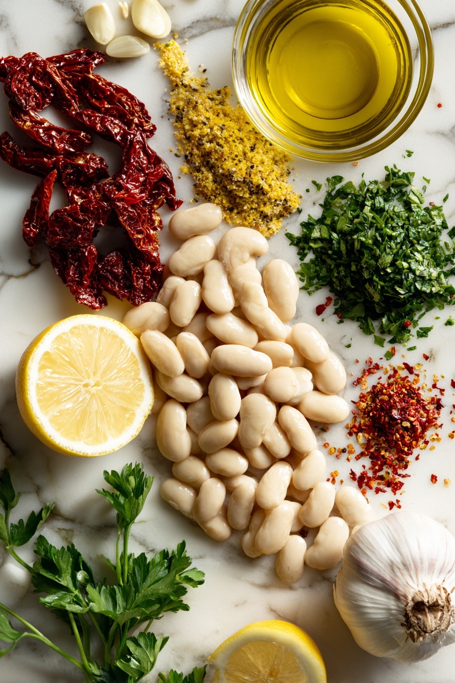 Flat lay of large pale beige gigante beans, bright green chopped fresh parsley, deep red sun-dried tomatoes glistening with olive oil, halved fresh lemons showing vibrant yellow juice, whole garlic cloves with papery skin, small pile of golden lemon zest, scattered red pepper flakes, and a drizzle of glossy extra-virgin olive oil, all beautifully arranged and spaced on a white marble surface, photo taken with an iphone --ar 2:3 --v 7 - Marinated Gigante Beans with Lemon, Sun-Dried Tomatoes, and Fresh Herbs,Gigante Bean Salad with Lemon and Sun-Dried Tomatoes,Fresh Herb and Lemon Marinated Beans,Easy Mediterranean Bean Side Dish,Healthy Vegetarian Bean Recipe