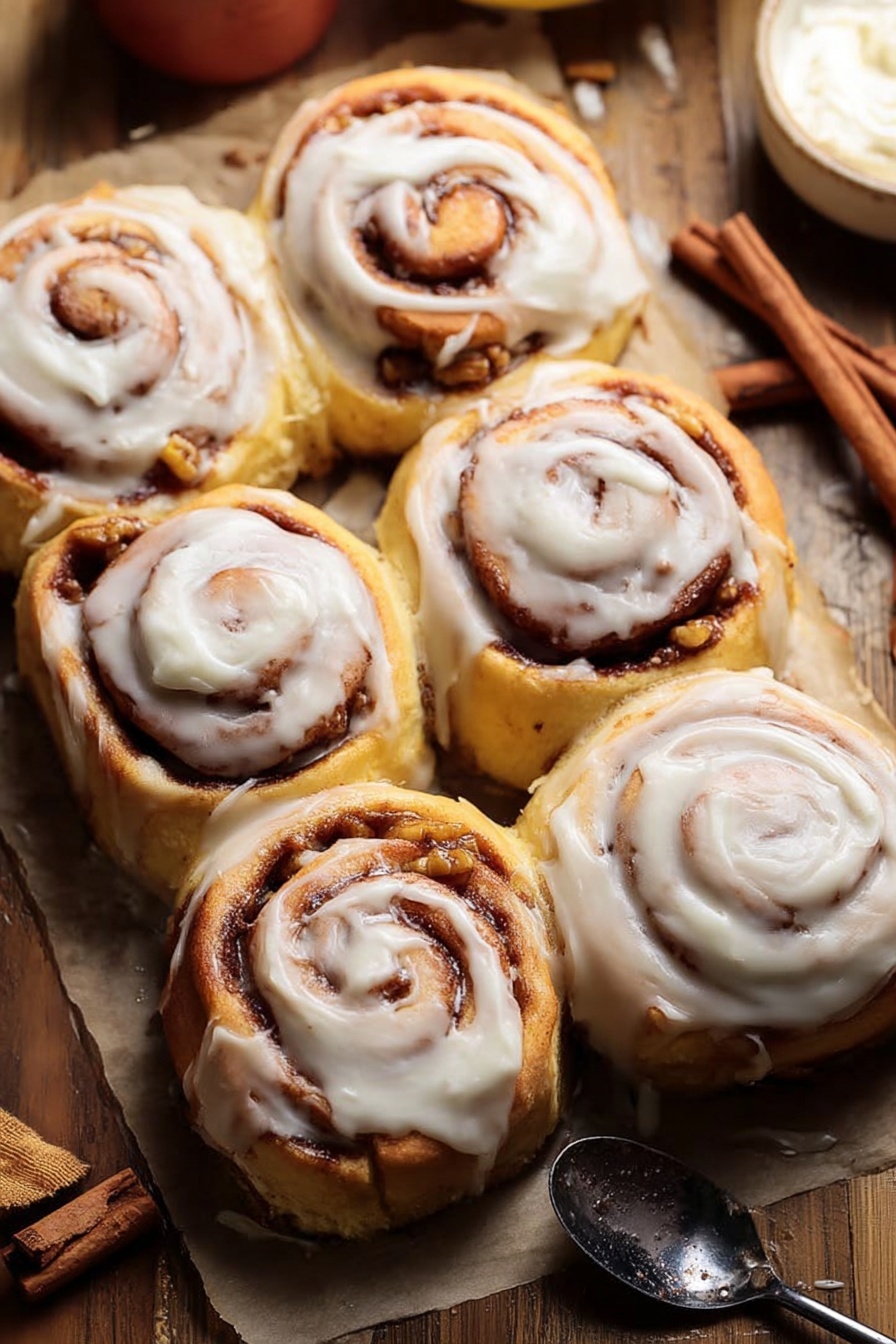 The image shows six cinnamon rolls arranged closely together on a rectangular sheet of parchment paper over a wooden surface. Each roll has a golden brown dough base with visible spiral layers filled with cinnamon and small bits of nuts, topped with a generous layer of smooth, white frosting that looks creamy but not thick. The rolls have a soft texture with variations in the spiral pattern and icing coverage. A spoon with a dark reflection lies on the right side on the wooden table, and there is a hint of a cinnamon stick and a small white container with white frosting in the background. The scene is warm, cozy, and inviting, with soft natural light highlighting the rolls' texture and glossiness. Photo taken with an iphone --ar 2:3 --v 7 - Apple Cinnamon Rolls with Brown Butter Maple Icing, fall cinnamon roll recipe, apple cinnamon roll ideas, cozy weekend breakfast recipes, homemade cinnamon roll glaze