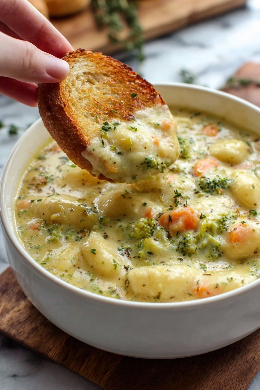A white bowl filled with a creamy soup that has chunks of gnocchi and small pieces of broccoli and carrots mixed throughout. The soup is light yellowish-green with a thick and smooth texture, with visible bits of vegetables giving it a fresh and hearty look. A woman's hand holds a golden-brown toasted slice of bread dipped into the soup, covered with a creamy portion of the vegetable gnocchi mix. The background is a white marbled texture with a wooden cutting board and herbs slightly blurred behind. Photo taken with an iphone --ar 2:3 --v 7 - Broccoli Cheddar Gnocchi Soup, creamy broccoli soup, easy vegetable soup, hearty gnocchi soup, comforting potato and cheese soup