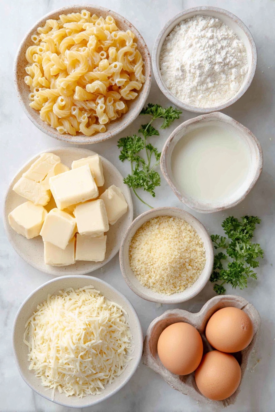 Flat lay of uncooked elbow macaroni pasta, a few cubes of unsalted butter, a small white ceramic bowl filled with fresh panko breadcrumbs, another small white ceramic bowl containing melted butter, a small white ceramic bowl with plain all-purpose flour, a small white ceramic bowl of warm milk, a small white ceramic bowl heaped with freshly shredded gruyere cheese, a small white ceramic bowl with shredded mozzarella cheese, two whole brown eggs with clean shells, and a few sprigs of fresh parsley, all arranged in perfect symmetry on a clean white marble surface, soft natural light, photo taken with an iPhone, professional food photography style, fresh ingredients, white ceramic bowls, no bottles, no duplicates, no utensils, no packaging --ar 2:3 --v 7 --p awthu7i m7354615311229779997 - Baked Mac and Cheese, cheesy baked pasta, homemade mac and cheese, crispy top mac and cheese, easy baked pasta recipe