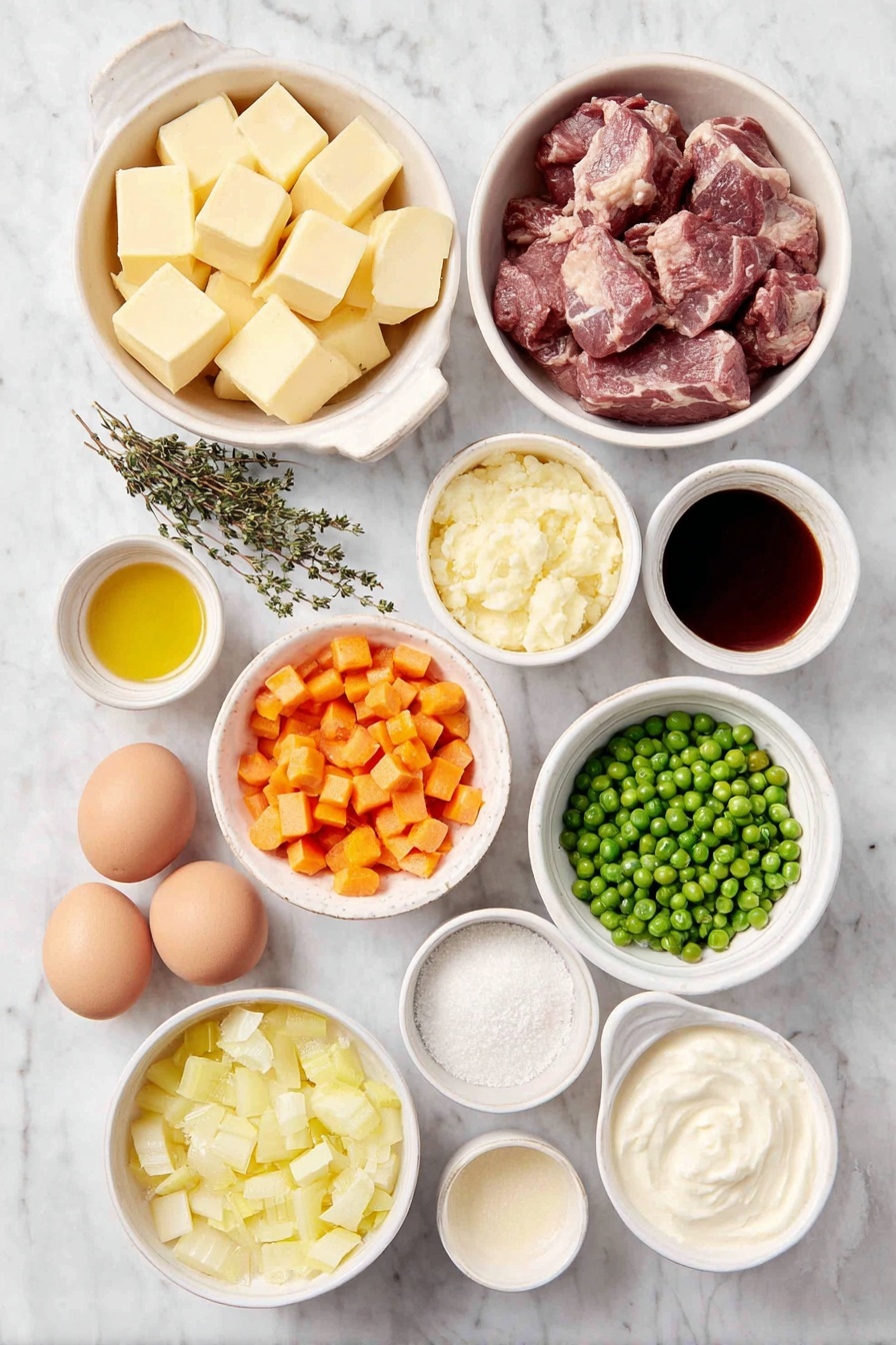 Flat lay of peeled russet potatoes cut into chunks, a few whole brown eggs with clean shells, a small white bowl of cubed unsalted butter, a small white bowl of bright orange diced carrots, a small white bowl of diced yellow onion, a small white bowl of diced celery ribs, two cloves of fresh garlic, a small white bowl of tomato paste, a small white bowl of dry red wine, two fresh thyme sprigs, one fresh bay leaf, a small white bowl of golden vegetable oil, a small white bowl of low-sodium chicken stock, a small white bowl of Worcestershire sauce, a small white bowl of fine all-purpose flour, a small white bowl of bright green frozen peas, a small white bowl of heavy cream, and a small white bowl of grated Parmigiano-Reggiano cheese all arranged with perfect symmetry, placed on a clean white marble surface, soft natural light, photo taken with an iPhone, professional food photography style, fresh ingredients, white ceramic bowls, no bottles, no duplicates, no utensils, no packaging --ar 2:3 --v 7 --p awthu7i m7354615311229779997 - Classic Shepherd's Pie with Beef and Lamb, hearty shepherd's pie recipe, homemade shepherd's pie, comfort food with beef and lamb, traditional shepherd's pie dish