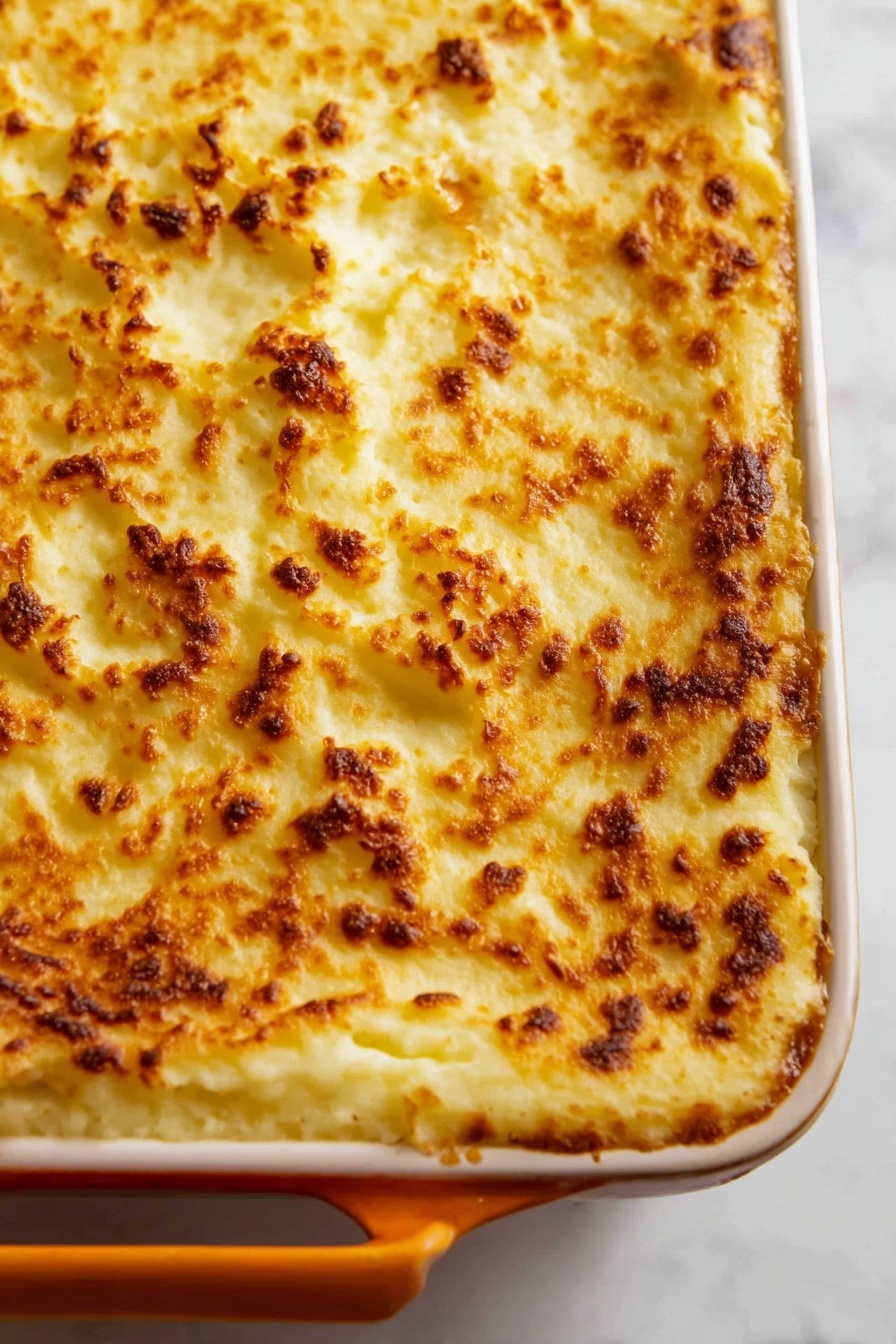 A close-up view of a baked dish in a white casserole with an orange handle, showing a top layer of golden brown mashed potatoes with a crispy and slightly browned texture, covering the entire surface evenly. The mashed potato layer has a rough, bubbled appearance with spots of deeper browning scattered across the smooth, creamy surface, suggesting it was baked to a crunchy finish. The casserole sits on a white marbled surface. photo taken with an iphone --ar 2:3 --v 7 - Classic Shepherd's Pie with Beef and Lamb, hearty shepherd's pie recipe, homemade shepherd's pie, comfort food with beef and lamb, traditional shepherd's pie dish
