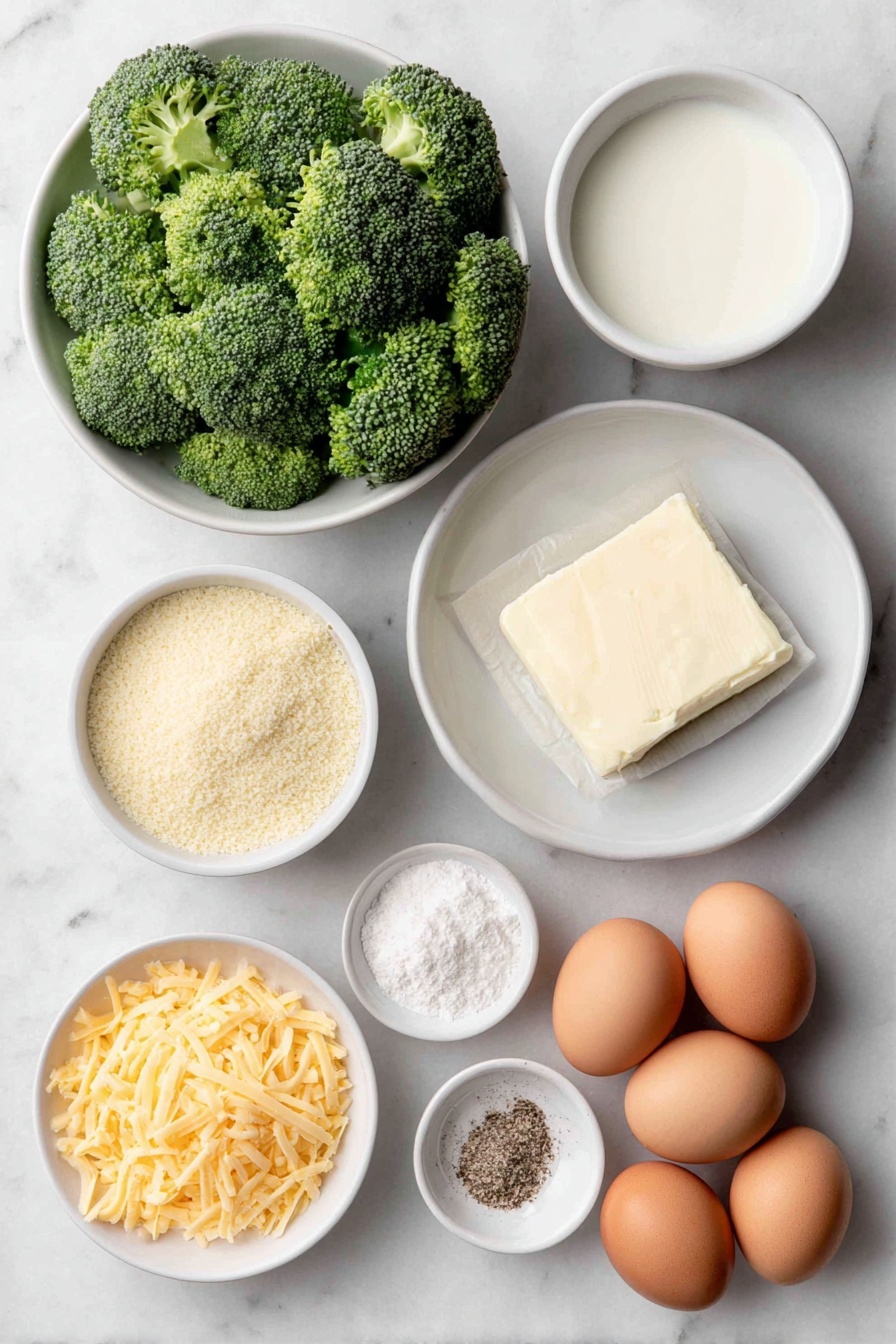 Flat lay of fresh broccoli florets and sliced broccoli stems arranged neatly, a small mound of golden toasted panko breadcrumbs in a simple white ceramic bowl, a few tablespoons of smooth unsalted butter softened in another white bowl, a small white bowl filled with whole milk, a pile of bright orange shredded sharp cheddar cheese on a white plate, a few whole brown eggs with clean shells scattered beside a small white bowl of all-purpose flour, and a small white bowl containing coarse kosher or sea salt and freshly ground black pepper, all placed on a clean white marble surface, soft natural light, photo taken with an iPhone, professional food photography style, fresh ingredients, white ceramic bowls, no bottles, no duplicates, no utensils, no packaging --ar 2:3 --v 7 --p awthu7i m7354615311229779997 - Broccoli Cheese Casserole, cheesy broccoli bake, healthy broccoli casserole, easy broccoli cheese bake, nutritious broccoli side dish