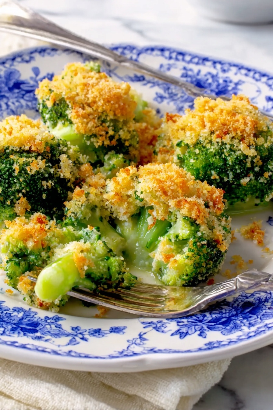 A white plate with blue flower patterns holds four pieces of broccoli topped with golden brown crumbly crumbs. The broccoli is bright green with stems showing under the crisp crumbs. One piece is partly pulled away on a silver fork, showing the soft light green inside and the crunchy topping. The plate sits on a white marbled textured surface with a white napkin beside it. Photo taken with an iphone --ar 2:3 --v 7 - Broccoli Cheese Casserole, cheesy broccoli bake, healthy broccoli casserole, easy broccoli cheese bake, nutritious broccoli side dish