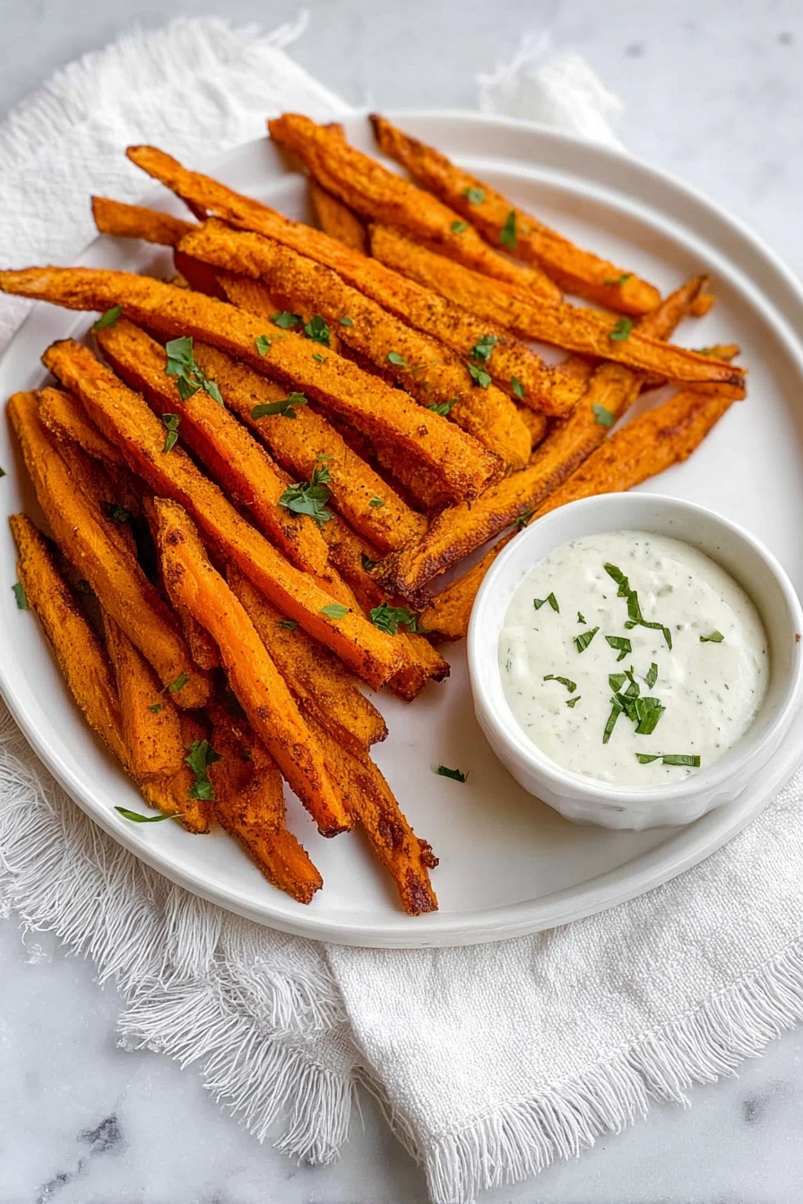The image shows a white round plate filled with two layers of crispy orange sweet potato fries, stacked in a slightly scattered but neat arrangement, with some fresh green herb leaves sprinkled on top. On one side of the plate, there is a white bowl with creamy white dipping sauce, garnished with a few small green herbs. The plate sits on a white cloth with fringed edges, all placed on a white marbled surface. photo taken with an iphone --ar 2:3 --v 7 - Baked Butternut Squash Fries, healthy squash fries, crispy baked vegetable fries, fall-inspired snack ideas, easy healthy side dishes