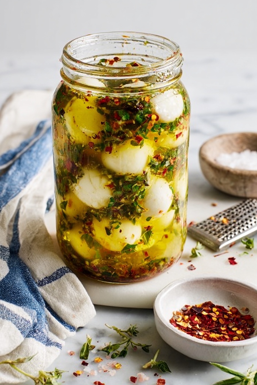 A clear glass jar filled with small white balls, likely cheese, soaked in a yellowish olive oil mixed with finely chopped green herbs and red chili flakes. The jar shows layers of the cheese balls immersed evenly in the oil and herbs, with some herbs and chili pieces floating near the top. The jar is placed on a white marbled surface, accompanied by a white cloth with blue stripes, a small white bowl of coarse salt, a white bowl with red chili flakes, a silver fork, a small metal grater, and some green herb sprigs scattered around. Photo taken with an iphone --ar 2:3 --v 7 - Marinated Mozzarella Balls, Marinated Mozzarella appetizer, Italian mozzarella snack, fresh herb mozzarella, easy party appetizer