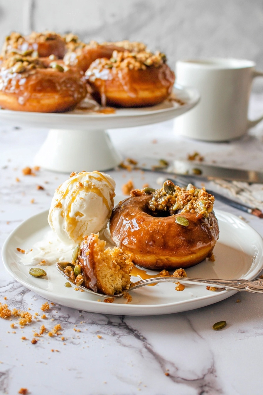 The image shows one brown donut with a shiny glaze, topped with some pumpkin seeds and crumb bits, placed on the right side of a white plate; to its left is a scoop of white ice cream melting slightly with amber syrup drizzled over it, and a spoon in front holds a bite of the donut covered in a mix of ice cream and syrup; in the background there is a white round cake stand holding more donuts with the same toppings, all set on a white marbled surface with scattered syrup drops and crumbs, a silver spoon, and a white mug visible; photo taken with an iphone --ar 2:3 --v 7 - Pumpkin Donuts with Bourbon Caramel Glaze, pumpkin spice donuts, fall donut recipes, bourbon caramel glaze, cozy autumn treats
