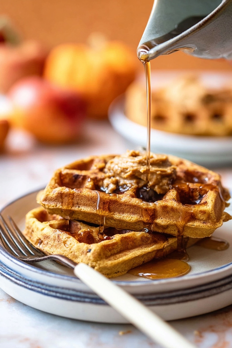 A white plate holds a round golden waffle cut into three large pieces. On top of the waffle, there is a thick layer of brown nut butter with small chunks of nuts spread evenly in the center. The waffle's deep square pockets hold a dark syrup, filling some squares with a shiny texture. A gold fork is stuck into a small bite-sized piece of the waffle near the right edge of the plate. The plate is placed on a white marbled surface, with a blue cloth near the bottom left corner and a red apple and orange pumpkin softly blurred in the background. Photo taken with an iphone --ar 2:3 --v 7 - Pumpkin Waffles with Pumpkin Pie Spice, pumpkin spice waffle recipe, fall breakfast waffles, easy pumpkin waffles, cozy autumn waffle ideas