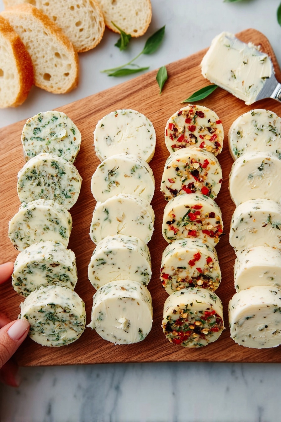 The image shows four rows of round, white butter slices with different herbs and spices mixed in, arranged neatly on a wooden board. Each row has about eight slices stacked closely in a straight line. The butter in the first and second rows have green herbs, the third row has red chili flakes and herbs, and the fourth row has darker seeds or spices mixed in. Around the board, there are pieces of sliced white bread and a white knife with butter on its tip, resting on the white marbled surface. A woman's hand is holding one side of the board. photo taken with an iphone --ar 2:3 --v 7 - Herb Compound Butter, flavorful herb butter, easy herb butter recipe, versatile herb butter, homemade flavored butter