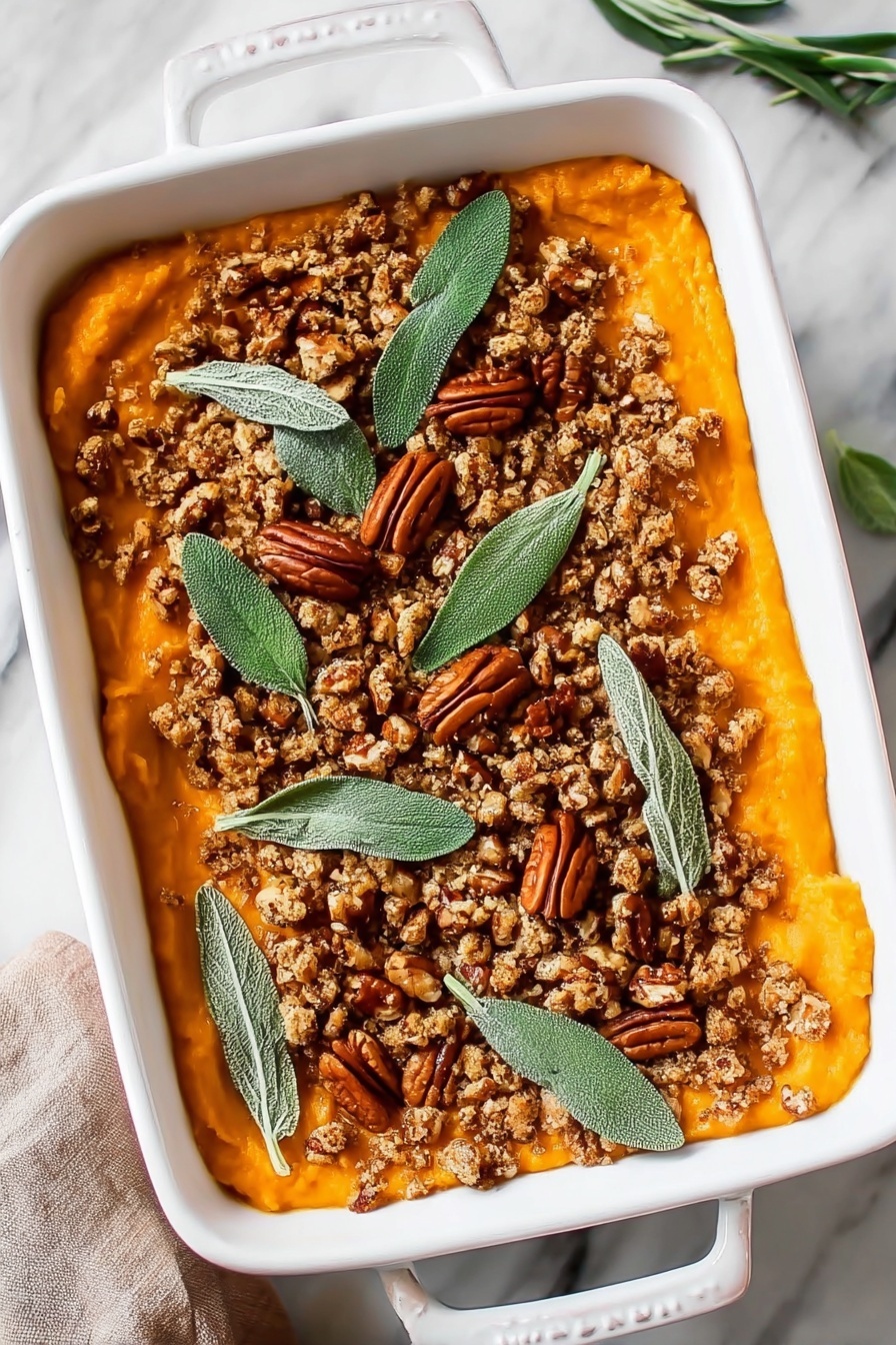 A white rectangular dish holds a layered pumpkin-colored puree spread evenly at the bottom. On top of this smooth orange layer is a textured crumb layer made of crushed walnuts and pecans, giving a crunchy appearance. Scattered on the crumb layer are whole pecans, which are darker brown and ridged. Fresh green sage leaves are arranged decoratively over the nuts, adding a bright contrast. The dish sits on a white marbled surface, and part of a woman's hand is seen at the bottom left corner, holding the dish. Photo taken with an iphone --ar 2:3 --v 7 - Sweet Potato Casserole with Nut Crumble, holiday side dish recipes, easy sweet potato casserole, festive Thanksgiving sides, nut topping sweet potato