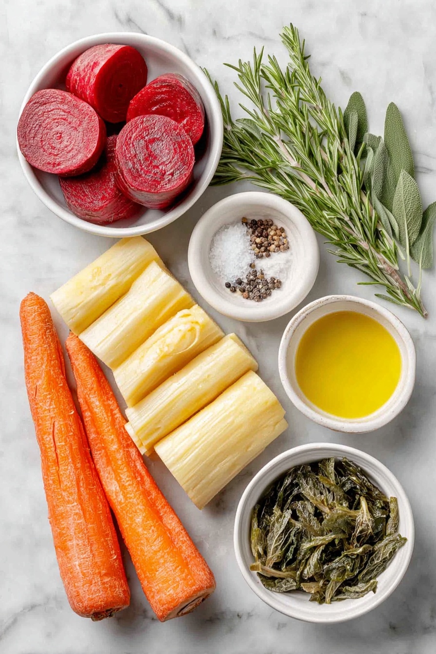 Flat lay of peeled red beet cut into 1-inch chunks, golden beet cut into 1-inch chunks, a large carrot sliced into 1-inch roll cuts, three parsnips chopped into 1-inch chunks, one medium sweet potato chopped into 1-inch chunks, one turnip chopped into 1-inch chunks, a few fresh rosemary sprigs, several fresh sage leaves, a small handful of fresh thyme leaves, a few pinches of sea salt crystals, freshly ground black peppercorns, a small white ceramic bowl with extra-virgin olive oil, a small white ceramic bowl with crispy fried sage leaves all arranged symmetrically and balanced on a clean white marble surface, soft natural light, photo taken with an iPhone, professional food photography style, fresh ingredients, white ceramic bowls, no bottles, no duplicates, no utensils, no packaging --ar 2:3 --v 7 --p awthu7i m7354615311229779997 - Roasted Root Vegetables with Crispy Sage, roasted root vegetables, crispy sage side dish, healthy roasted veggie recipe, cozy vegetable side