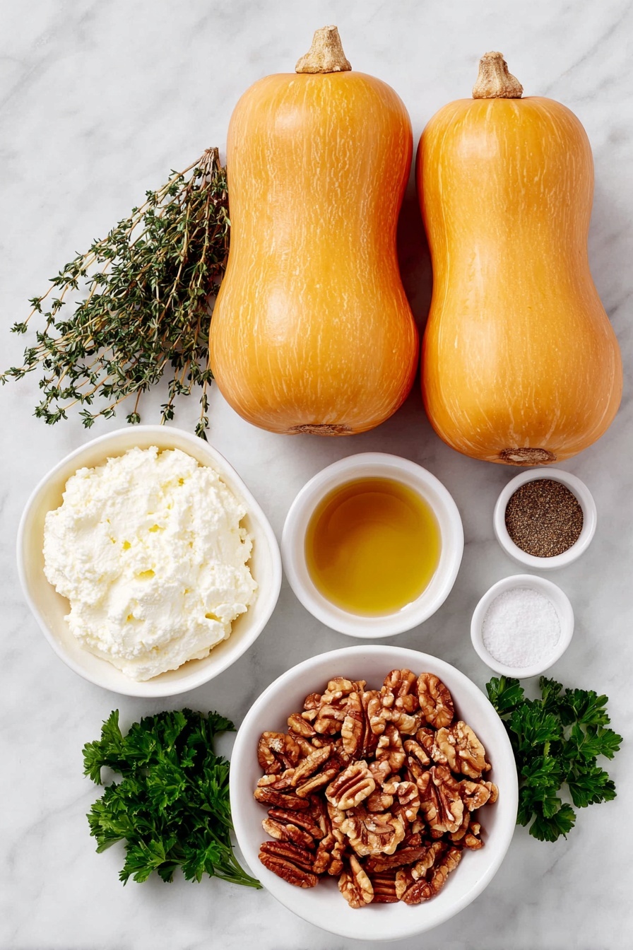 Flat lay of three whole uncut honeynut squash with smooth orange skin and greenish stems, a small white bowl filled with golden extra-virgin olive oil, a small white bowl holding amber-colored apple cider vinegar, a small white bowl containing rich amber maple syrup, a small white bowl of coarse sea salt crystals, a small white bowl with ground cinnamon powder, a small white bowl of freshly ground black pepper, fresh thyme sprigs with small green leaves neatly arranged, a small white bowl of creamy whipped ricotta cheese, a small white bowl with chopped toasted walnuts showing golden brown pieces, and a few sprigs of fresh flat-leaf parsley with vibrant green leaves, all symmetrically arranged on a clean white marble surface, soft natural light, photo taken with an iPhone, professional food photography style, fresh ingredients, white ceramic bowls, no bottles, no duplicates, no utensils, no packaging --ar 2:3 --v 7 --p awthu7i m7354615311229779997 - Roasted Honeynut Squash with Ricotta and Walnuts, honeynut squash side dish, fall vegetarian recipes, easy roasted squash recipes, cozy squash side dish