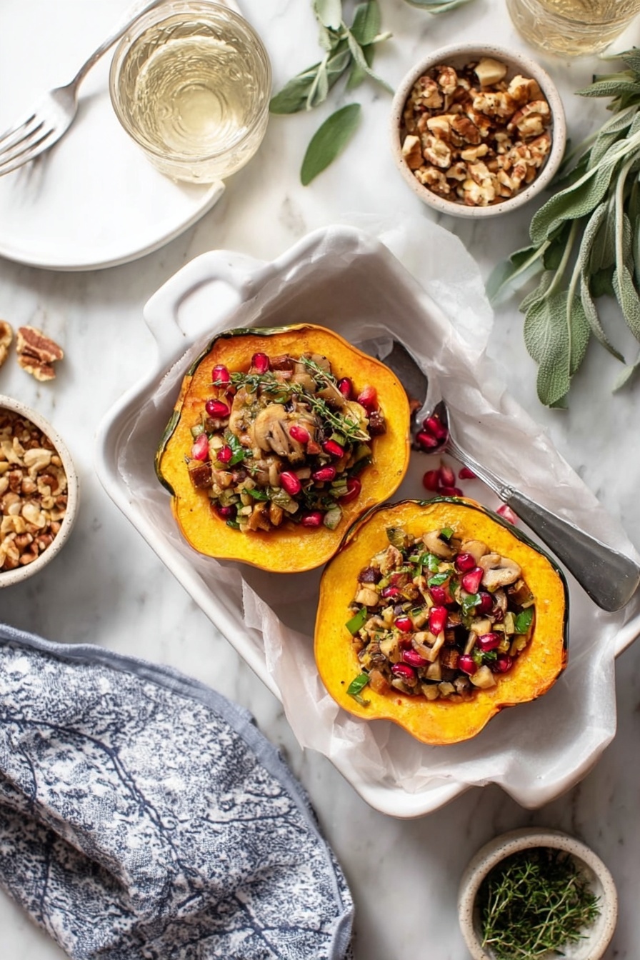 Two halves of a small pumpkin sit in a white rectangular dish lined with white parchment paper; the pumpkin flesh is bright orange with a slightly rough texture, and each half is filled with a mixture of small chunks of mushrooms, nuts, herbs, and red pomegranate seeds, adding a mix of earthy browns, green, and bright red on top. Around the dish, there is a white marbled surface with a loose blue and white cloth, a white plate with a fork, a bowl of chopped nuts and dried fruit, some fresh sage leaves, a small dish of green herbs, and a glass of clear liquid. The scene is lit softly with natural light, creating a fresh and inviting look. photo taken with an iphone --ar 2:3 --v 7 - Stuffed Acorn Squash with Tempeh and Herbs, healthy stuffed acorn squash, vegan acorn squash recipe, fall vegetarian dinner, plant-based stuffed squash
