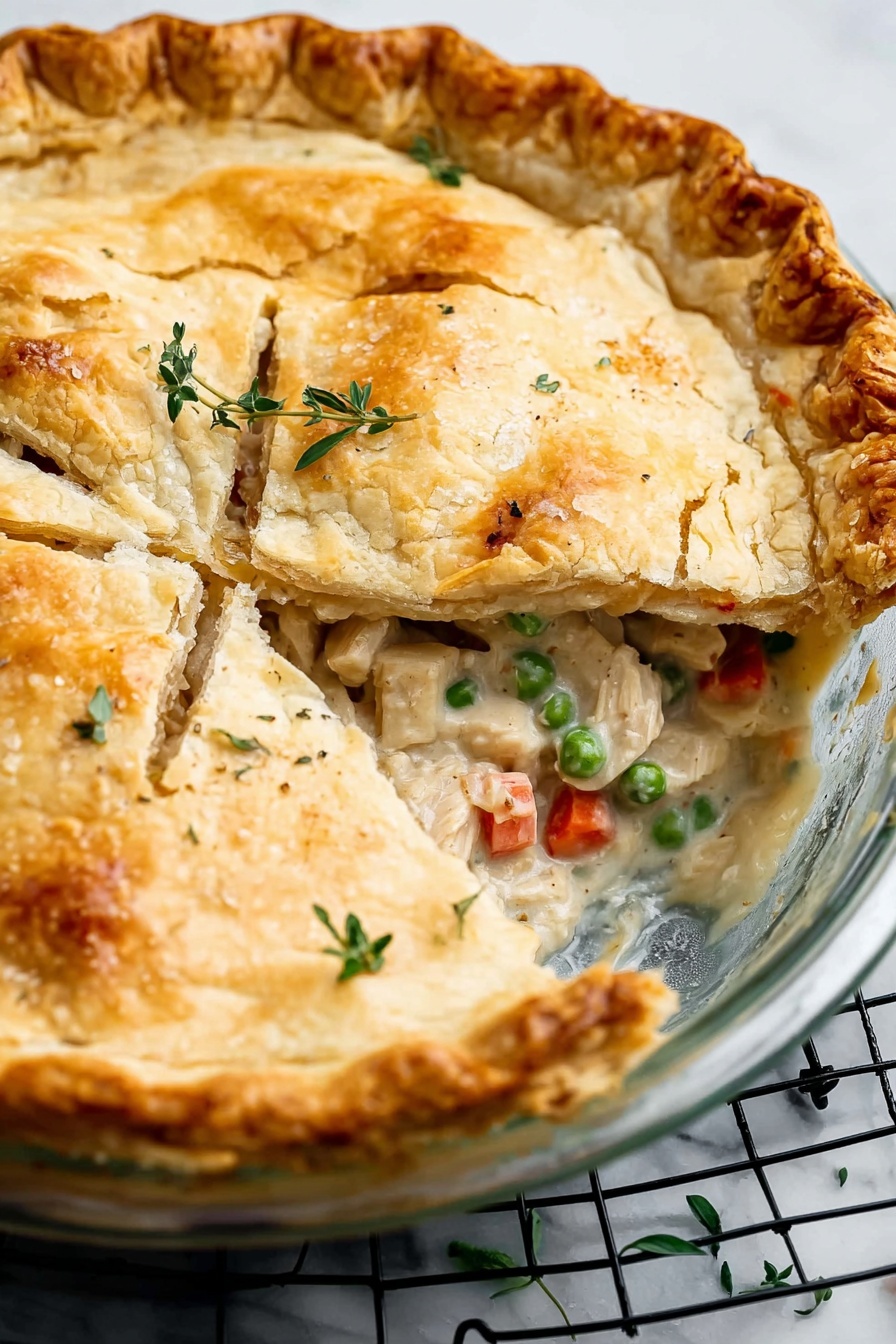 A close-up of a slice of chicken and vegetable pie on a white plate, showing three layers: the top layer is a golden brown crust with a slightly crimped edge and a small sprig of herb on top, the middle layer is a creamy filling with tender chunks of white chicken, bright orange carrots, and green peas, and the bottom layer is another golden brown crust holding the filling. The slice is placed on two stacked white plates, with a whole pie blurred in the background on a white marbled surface. photo taken with an iphone --ar 2:3 --v 7 - Homemade Chicken Pot Pie, chicken pot pie recipe, homemade pot pie filling, flaky chicken pie crust, comfort food recipes