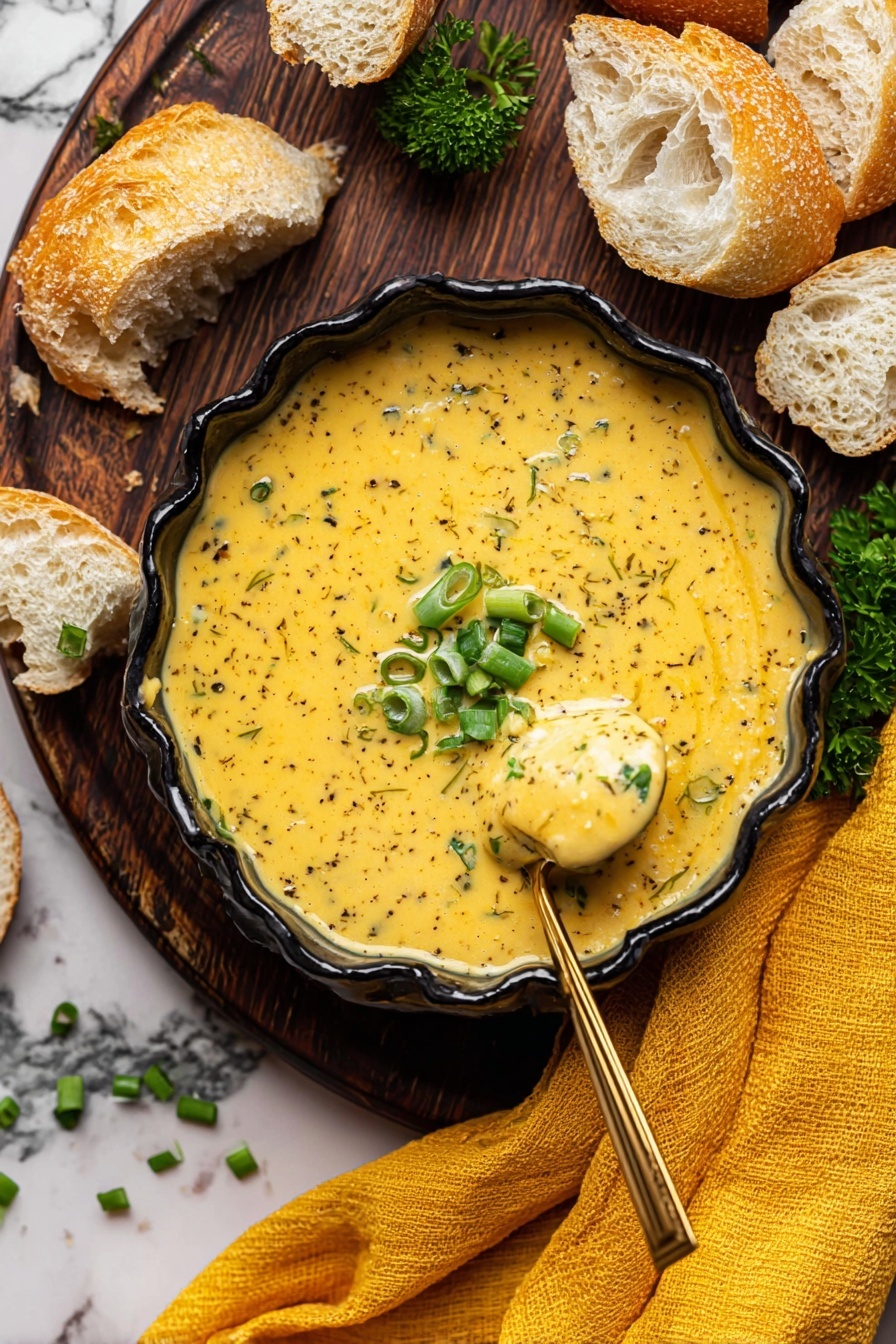 A black scalloped bowl filled with thick, creamy yellow soup speckled with black herbs fills most of the frame, topped with chopped green onions placed in the center. A gold spoon rests inside the bowl, scooping up some of the soup. Around the bowl are pieces of crusty bread with a light brown crust and soft, airy inside. There are small sprigs of green parsley and scattered green onion pieces on a dark wood surface. A soft yellow cloth is placed under the bowl and around the bread pieces. The background is changed to a white marbled texture. Photo taken with an iphone --ar 2:3 --v 7 - Cheddar Garlic Herb Potato Soup, cheesy potato soup, garlic herb potato soup, creamy potato soup, easy comfort food