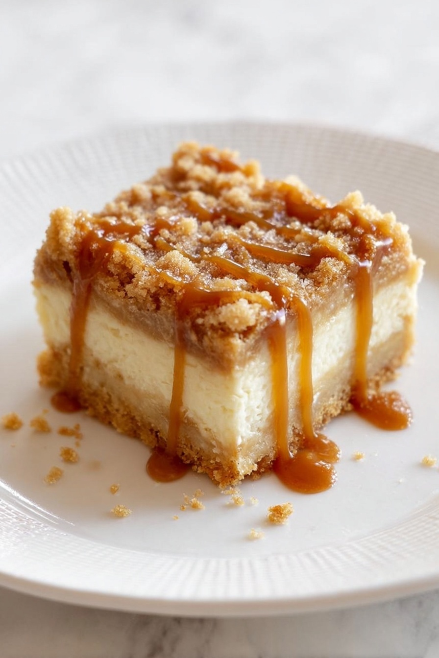 A square shaped dessert bar with three clear layers sits on a white plate with a textured rim on a white marbled surface. The bottom layer is a dense, light golden crust. The middle layer is thick, creamy, and pale beige in color. The top layer is a crumbly, golden-brown streusel with small crumbs scattered on the plate. The bar is generously drizzled with rich, shiny caramel sauce that flows down the sides. Photo taken with an iphone --ar 2:3 --v 7 - Caramel Apple Cheesecake Bars, fall dessert, caramel apple dessert recipe, apple cheesecake bars, easy autumn treats