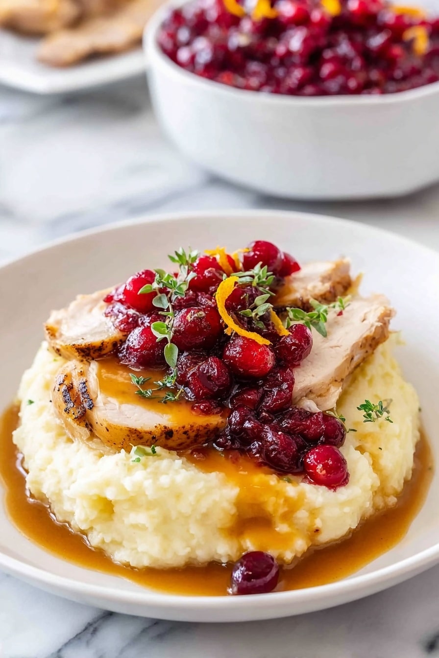 A white plate sits on a white marbled surface, holding a serving of creamy mashed potatoes as the base layer, smooth and pale yellow in color. On top are two slices of roasted turkey, browned on the edges with a juicy texture. A glossy, orange-brown gravy is drizzled over the turkey and some mashed potatoes, partially running down the sides. Over the turkey rests a bright, chunky red cranberry sauce with whole berries and a few small, orange zest curls. Some finely chopped green herbs are sprinkled over the whole dish for color. In the background is a white bowl filled with more cranberry sauce. Photo taken with an iphone --ar 2:3 --v 7 - Instant Pot Turkey Breast with Rich Gravy, quick turkey breast recipe, easy pressure cooker turkey, moist turkey breast Instant Pot, flavorful turkey gravy recipe
