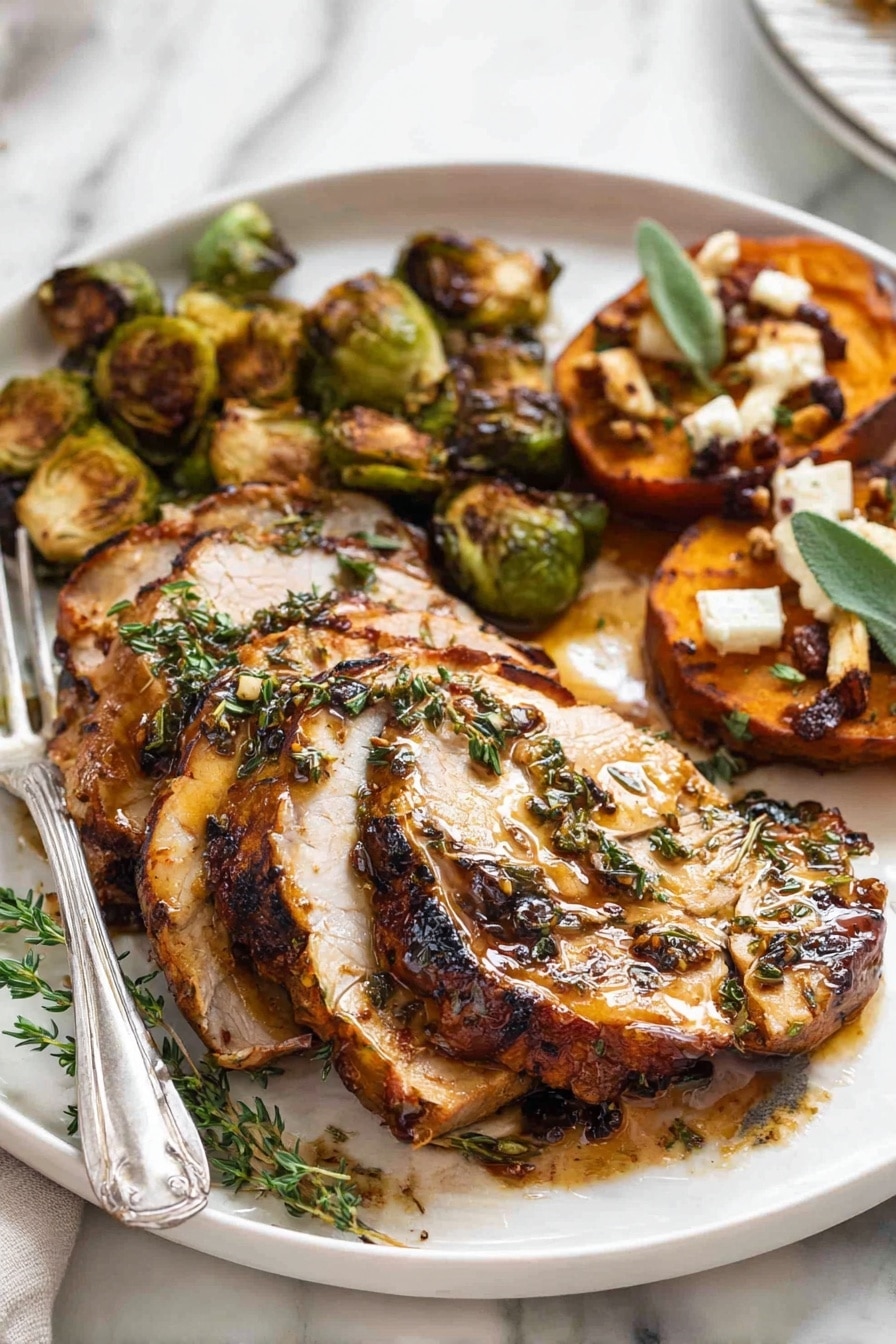On a white plate resting on a white marbled surface, there are three main parts. The largest part is at the front: thin slices of cooked meat with a golden brown glaze, showing some darker charred edges and sprinkled with green herbs. Behind this, near the top left, there are several roasted Brussels sprouts halves, browned and slightly crispy on the outside. To the right side, there are toasted sweet potato rounds topped with small pieces of white cheese, green leaves, and some toasted nuts. A silver fork lies on the left side of the plate. A small sprig of green herb rests on top of the meat. photo taken with an iphone --ar 2:3 --v 7 - Garlic Herb Butter Roasted Turkey Breast, roasted turkey breast with herbs, juicy turkey breast recipe, flavorful turkey main dish, easy turkey roast dinner