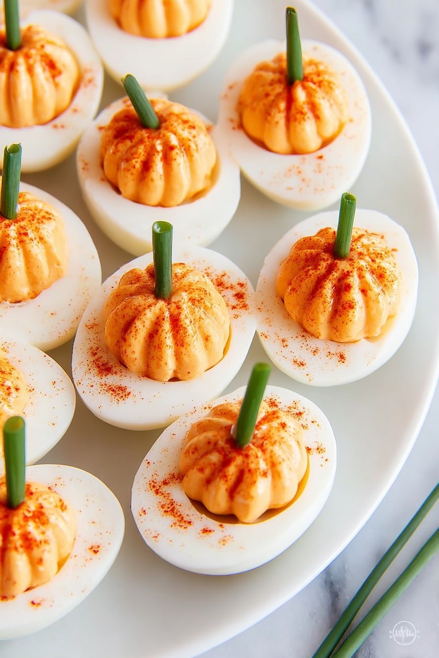 A white round plate holds twelve deviled eggs arranged in a circular pattern on a white marbled surface. Each egg is cut in half with the white egg white forming the base and a smooth, light orange filling piped inside in a ridged pumpkin shape. Each filling has a small green piece of chive placed vertically to look like a pumpkin stem. Some of the fillings are sprinkled with a small amount of red paprika powder. Above the plate, there is a small clear bowl filled with bright red paprika powder and a bunch of fresh green chives tied with a white string placed on the white marbled surface. photo taken with an iphone --ar 2:3 --v 7 - Pumpkin Deviled Eggs, festive deviled eggs, fall appetizer ideas, easy pumpkin snacks, creative deviled egg recipes