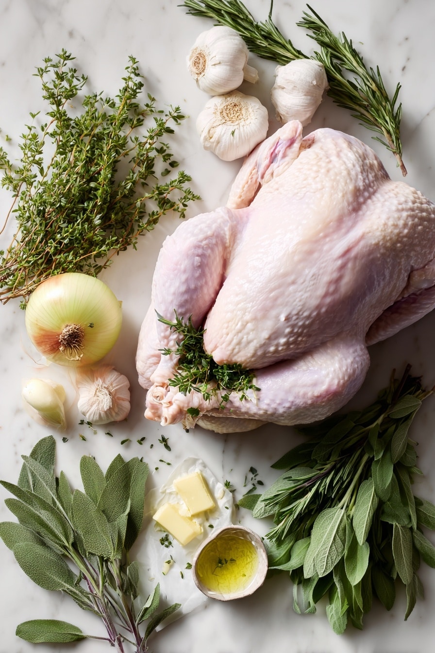 Flat lay of a whole raw turkey with pale pink skin and plump texture, surrounded by fresh garlic heads halved to reveal smooth white cloves, a halved onion with rich brown and yellow outer layers and crisp white flesh inside, small bunches of vibrant green mixed herbs including sage, rosemary, thyme, and parsley with delicate leaves, sprigs of finely chopped sage and rosemary displaying their textured, needle-like leaves, and a small mound of creamy, pale yellow melted butter glistening softly, all arranged naturally with some herbs sprinkled around to add freshness, placed on white marbled surface, photo taken with an iphone --ar 2:3 --v 7 - Juicy Roast Turkey with Herb Garlic Butter and Homemade Gravy, roast turkey recipe, holiday turkey, flavorful turkey with garlic herb butter, homemade turkey gravy